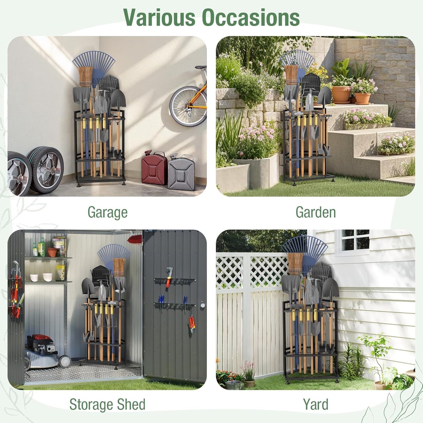 Garden Tool Organizer for Corner,Metal Yard Tool Organizer for Long-Handled Tools/Rakes/Brooms,Side