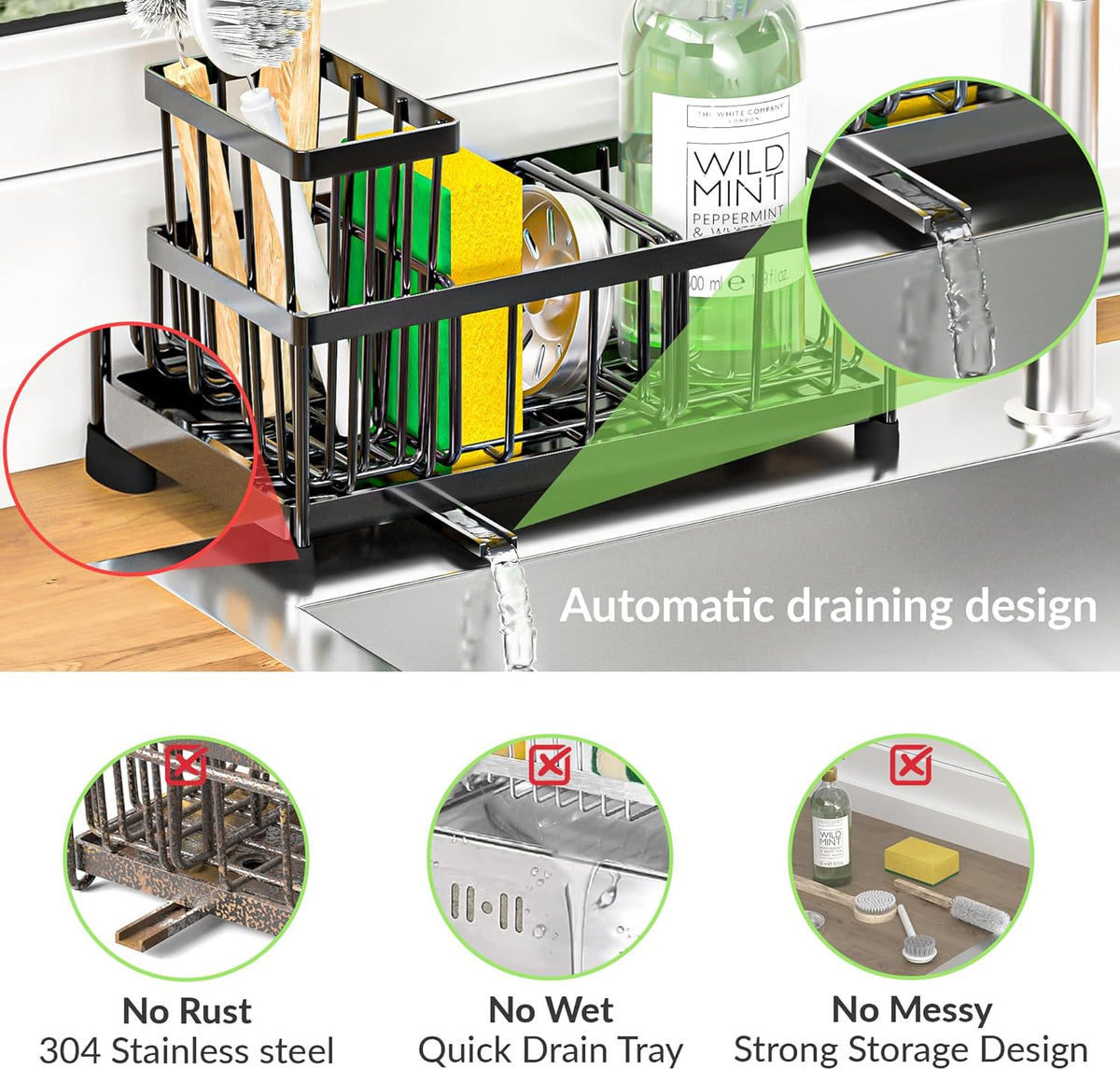 Self-Draining Kitchen Sink Caddy with Elevated Brush Holder – Rustproof Stainless Steel