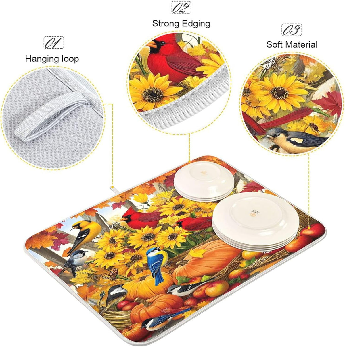 Fall Birds Dish Drying Mat for Kitchen Countertop 16x18 Autumn Pumpkin Sunflower Small Drying Mat