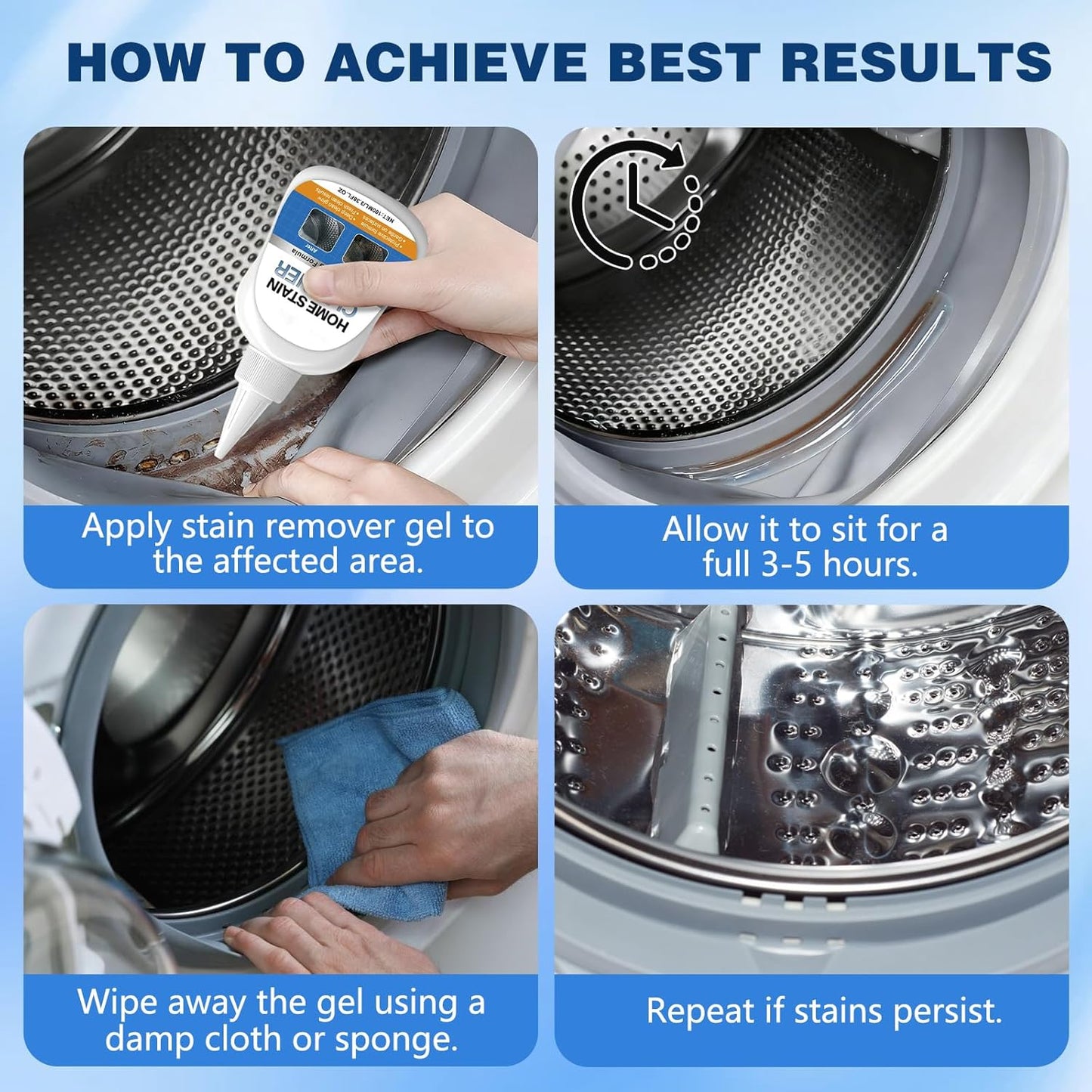 Mold stain removal gel cleaner, washing machine cleaner, washing machine, refrigerator seals, tile