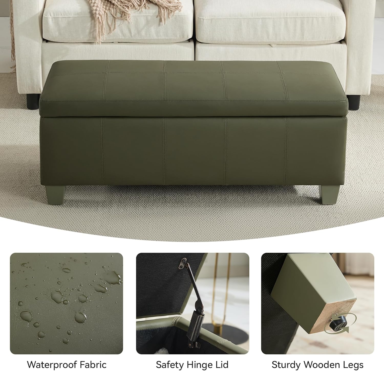 41" Faux Leather Storage Ottoman, Stitch Tufted Rectangle Upholstered End of Bed Storage Bench