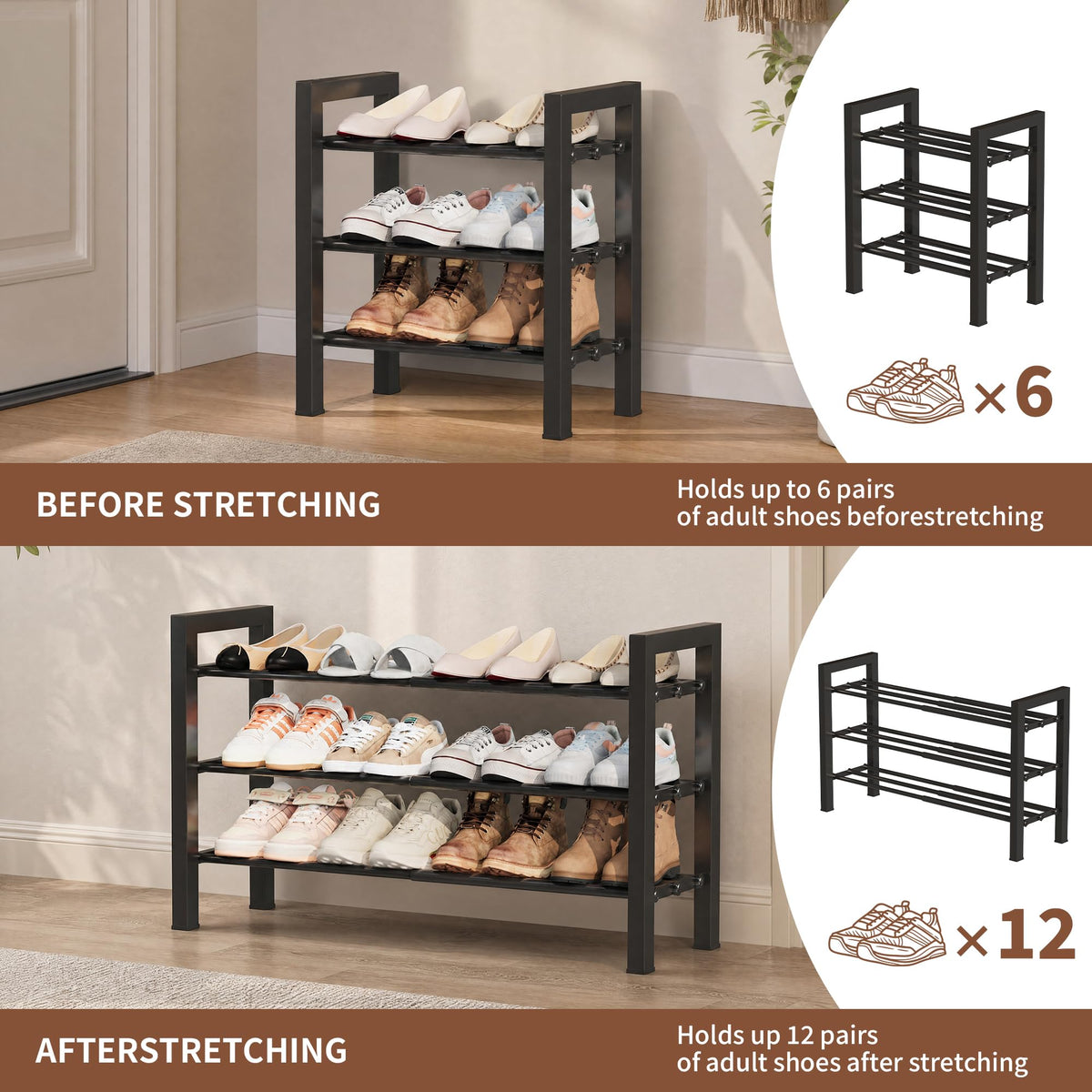 HDDTTZ Upgraded 3-Tier Expandable Shoe Rack, Adjustable Shoe Shelf Storage Organizer Heavy Duty