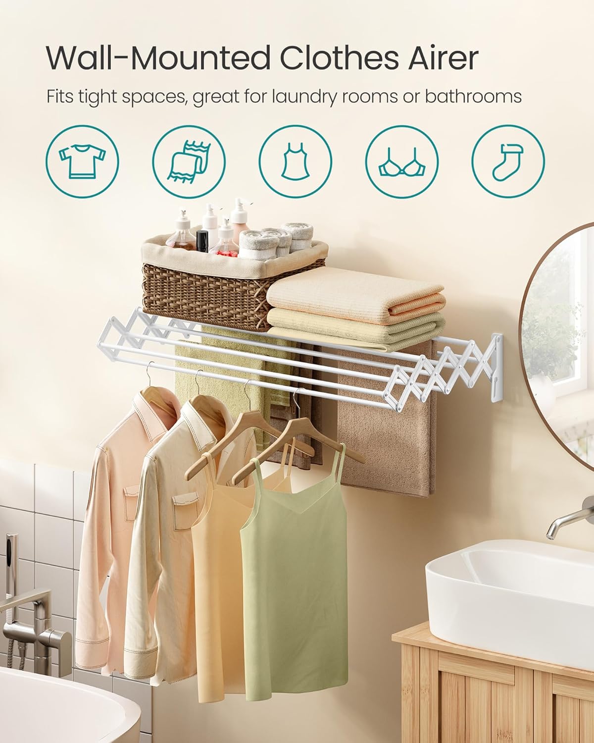 SONGMICS Clothes Drying Rack, Wall-Mounted Drying Rack Clothing, Accordion Laundry Rack, 9