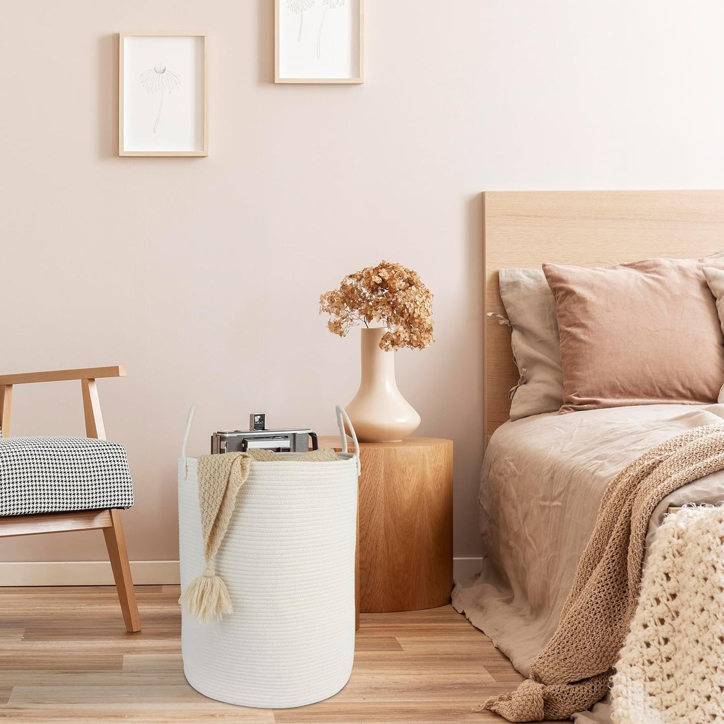 Cotton Rope Laundry Basket Hamper for Clothes Woven Storage Basket for Living Room Bedroom Boho