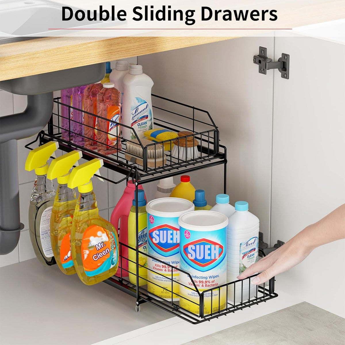 SUEH DESIGN Under Sink Organizers and Storage, 2 Tier Metal Under Sink Storage with Hanging Rail