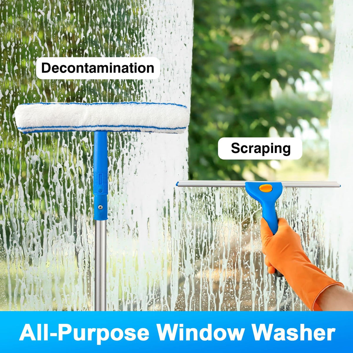 Squeegee for Window Cleaning, 14" Extra-Large Squeegee & Microfiber Scrubber Combi with 60"