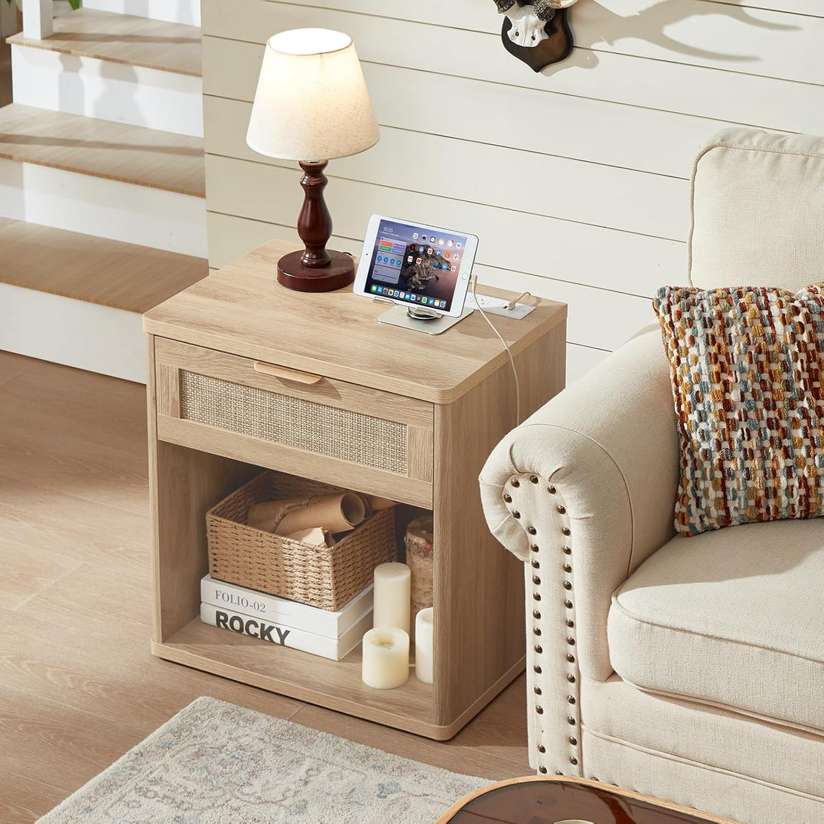 LEYAOYAO Rattan Nightstands Set of 2 with Charging Station, 23" Wide Boho Night Stand with Drawer