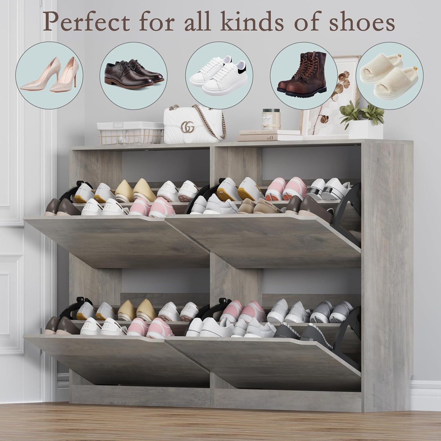 Shoe Cabinet with 4 Flip Drawers, Narrow Hidden Shoe Storage Cabinet, Slim Freestanding Shoe Rack