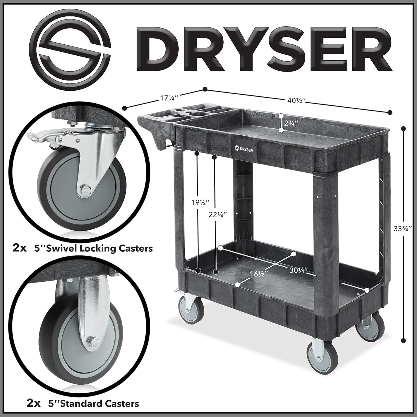 Dryser Utility Cart with Wheels, 40" x 17" Heavy Duty 550 lb. Capacity with Shelves - 2 Tier