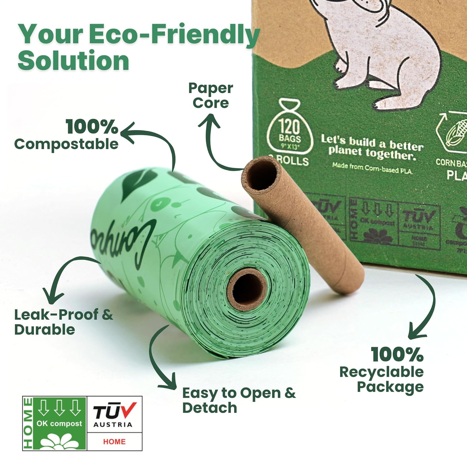 JIWON 100% Certified Home Compostable Dog Poop Bags, 240 Count (16 Rolls), 9"x13", OK Compost &