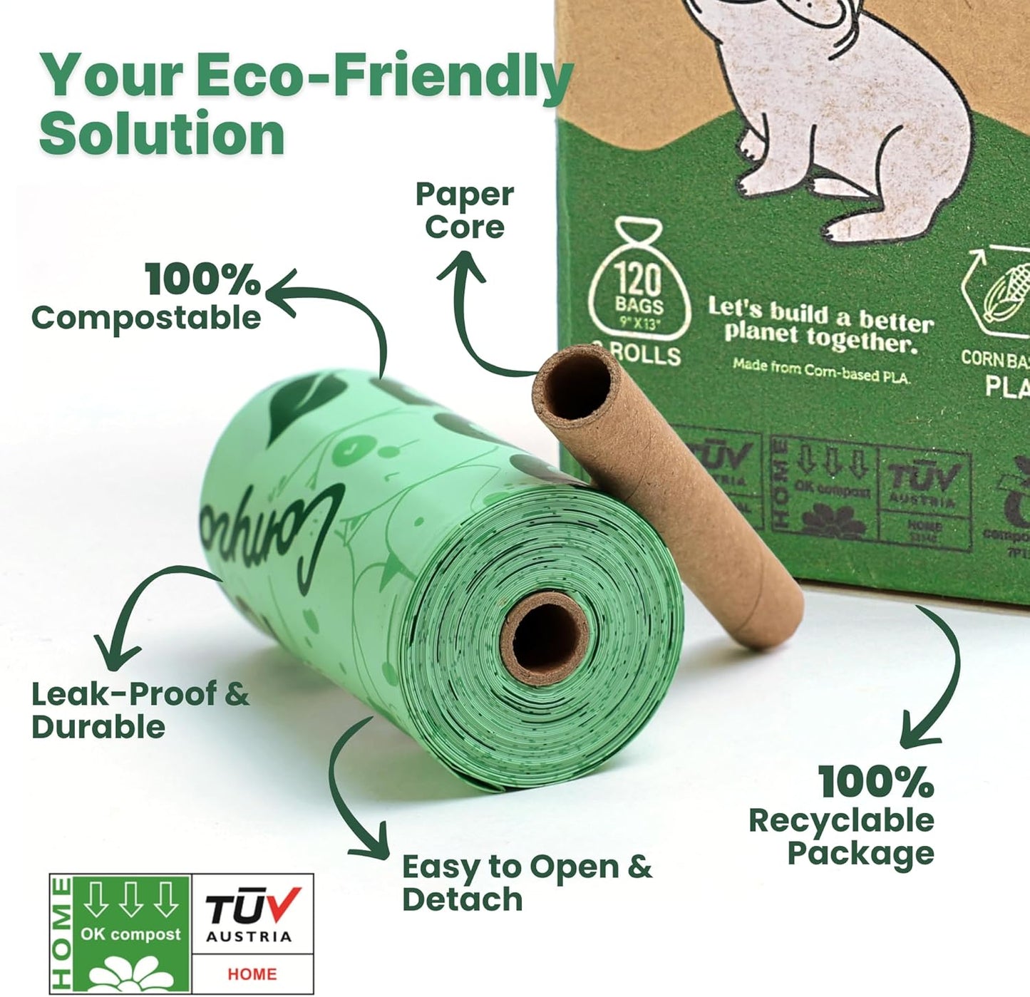 JIWON 100% Certified Home Compostable Dog Poop Bags, 120 Count (8 Rolls), 9"x13", OK Compost &