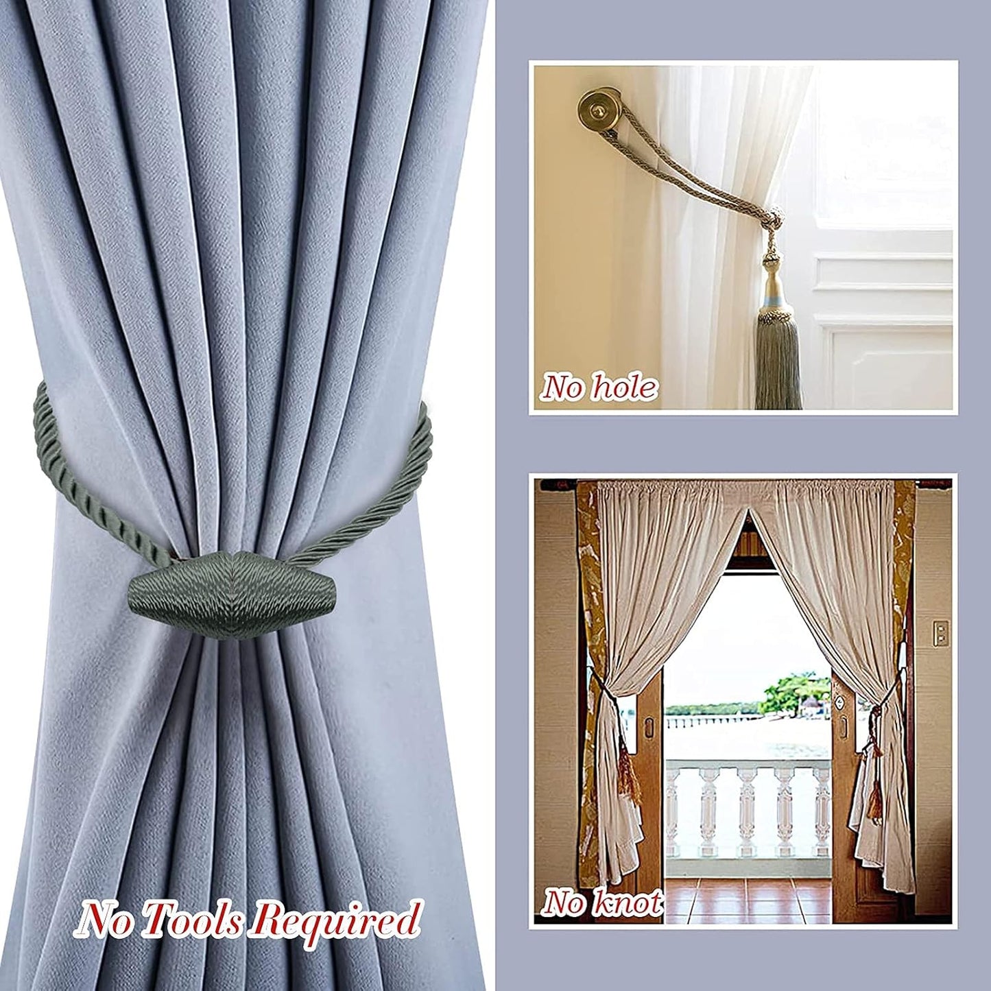 Hion Magnetic Curtain Tiebacks Gray Blue 2pcs, Curtain Tiebacks Buckles Holdbacks Holders Hooks