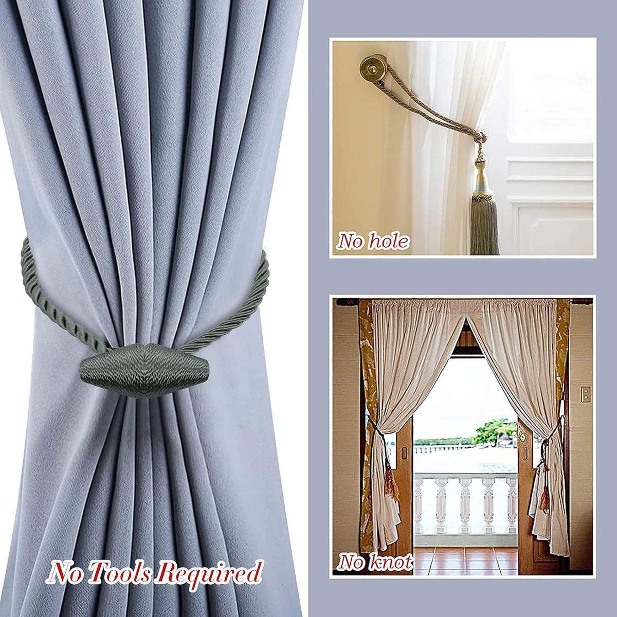 Hion Magnetic Curtain Tiebacks Gray Blue 2pcs, Curtain Tiebacks Buckles Holdbacks Holders Hooks
