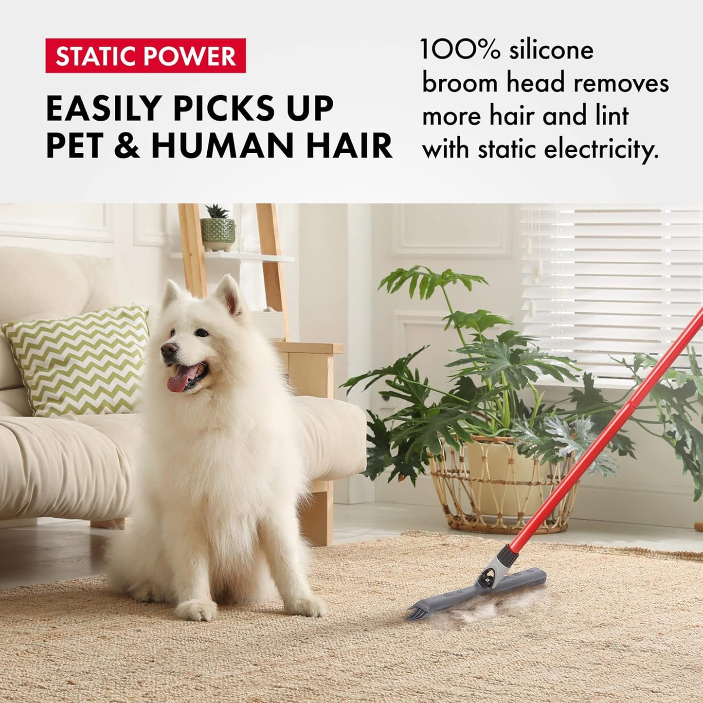 2-in-1 Silicone Rubber Broom Carpet Rake and Squeegee - Swivel Pet Hair Removal Broom with 1 Piece