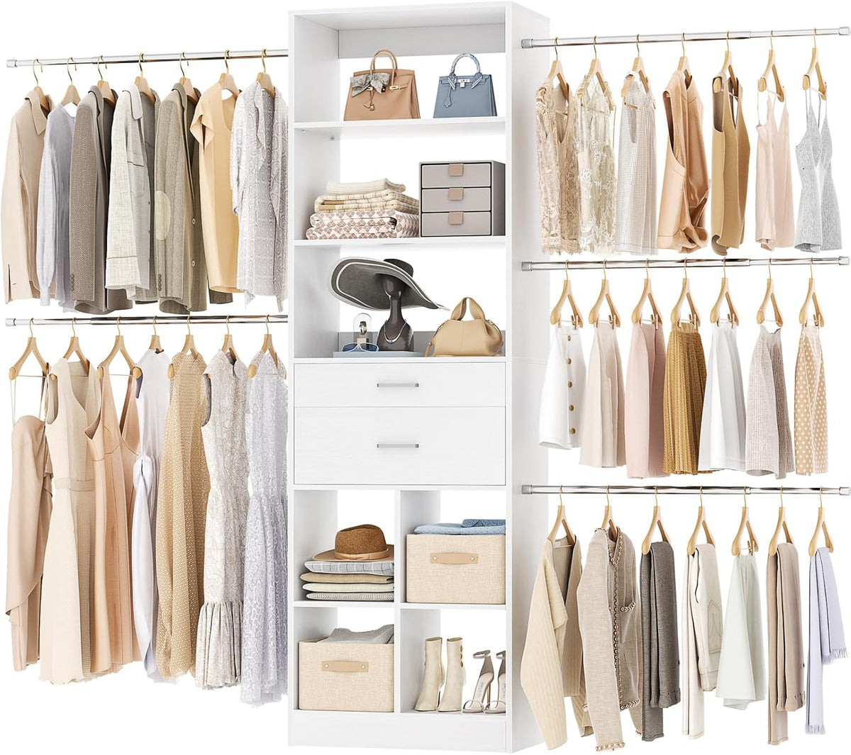 Closet System, 4-8 FT Closet Organizer Tower with 2 Wooden Drawers and Shelves, Can Fit 60 to 96