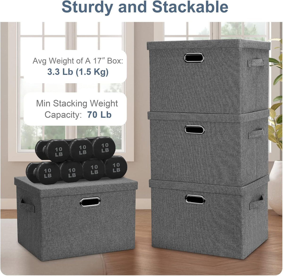 Large 17" 36 Quart Collapsible Stackable Storage Bins with Lids, 3 Packs Grey Linen Fabric Closet