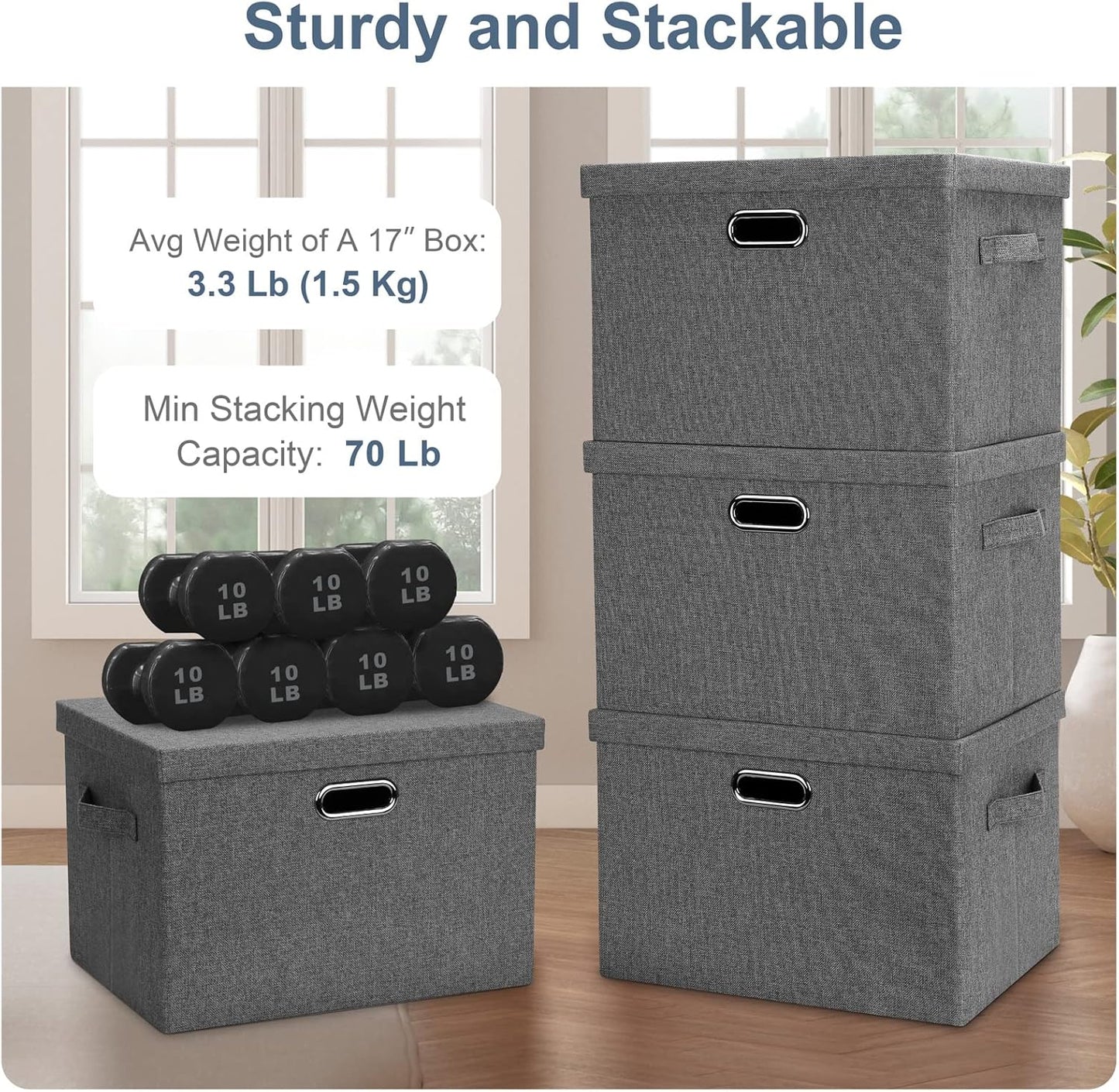 Large 17" 36 Quart Collapsible Stackable Storage Bins with Lids, 5 Packs Gray Foldable Fabric