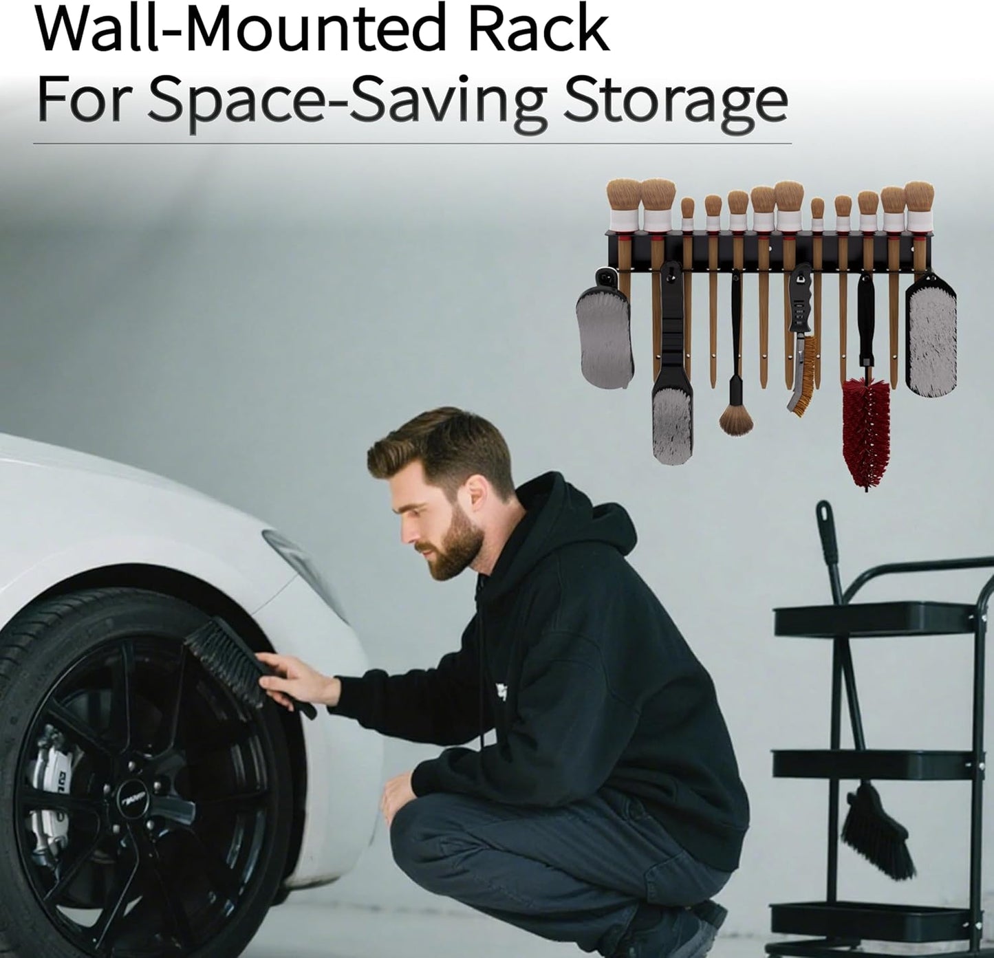 Wall Mount Brush Holder & Tool Hanger Rack for Garage, Detailing Organizer with Mounting Hardware