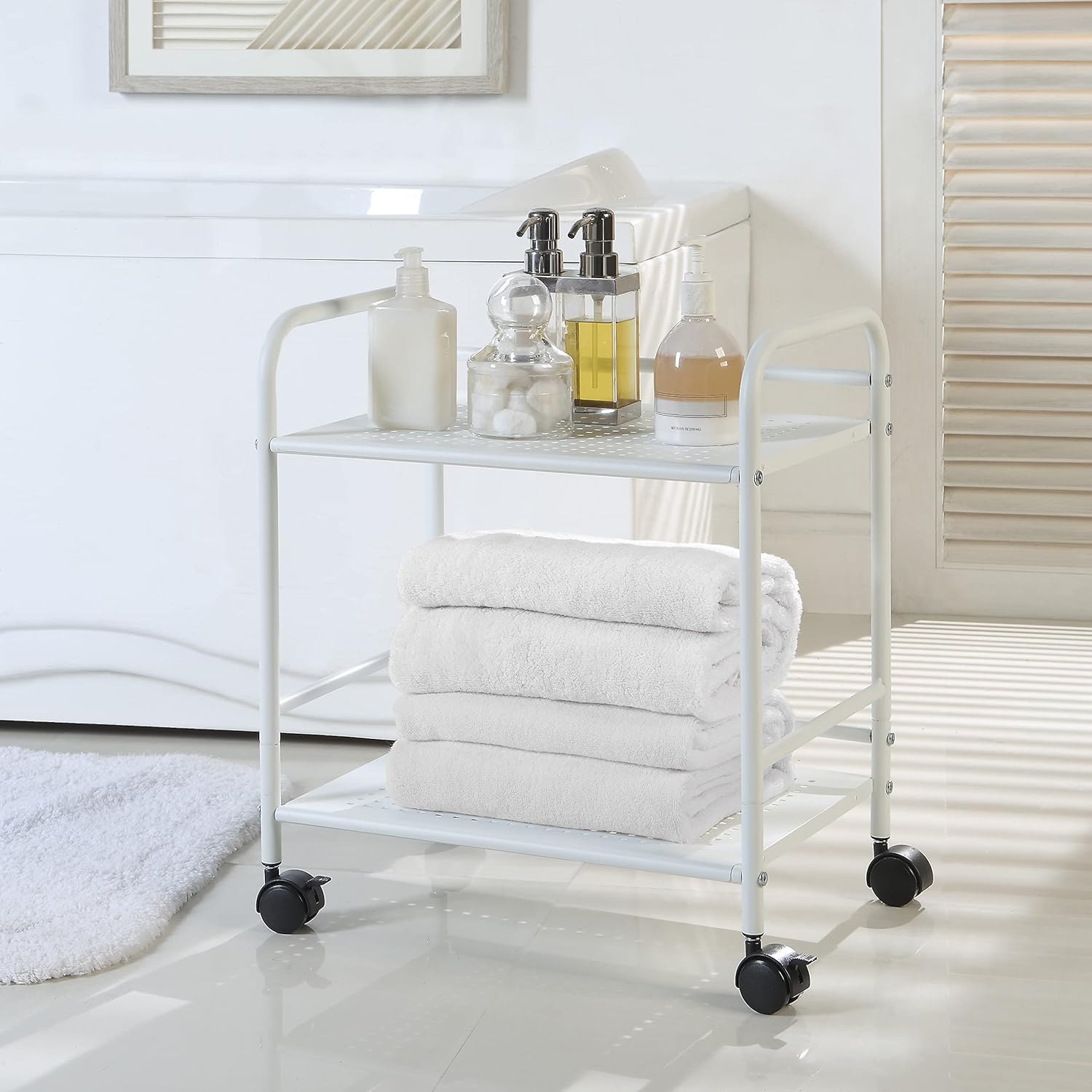 SunnyPoint 2-Tier Metal Rolling Utility Cart – Mobile Storage Shelf with Caster Wheels – Small