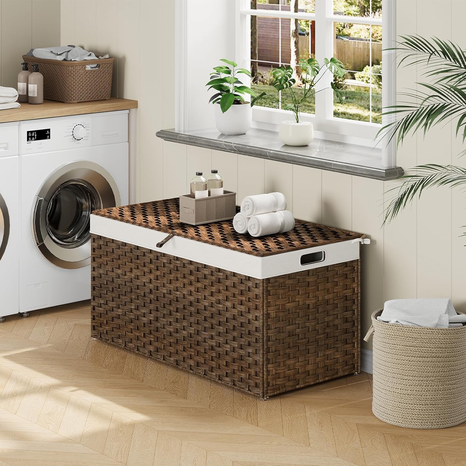 HOOBRO Storage Basket with Lid, 52.8 Gallon (200L) Wicker Basket, Handwoven Blanket Storage Basket