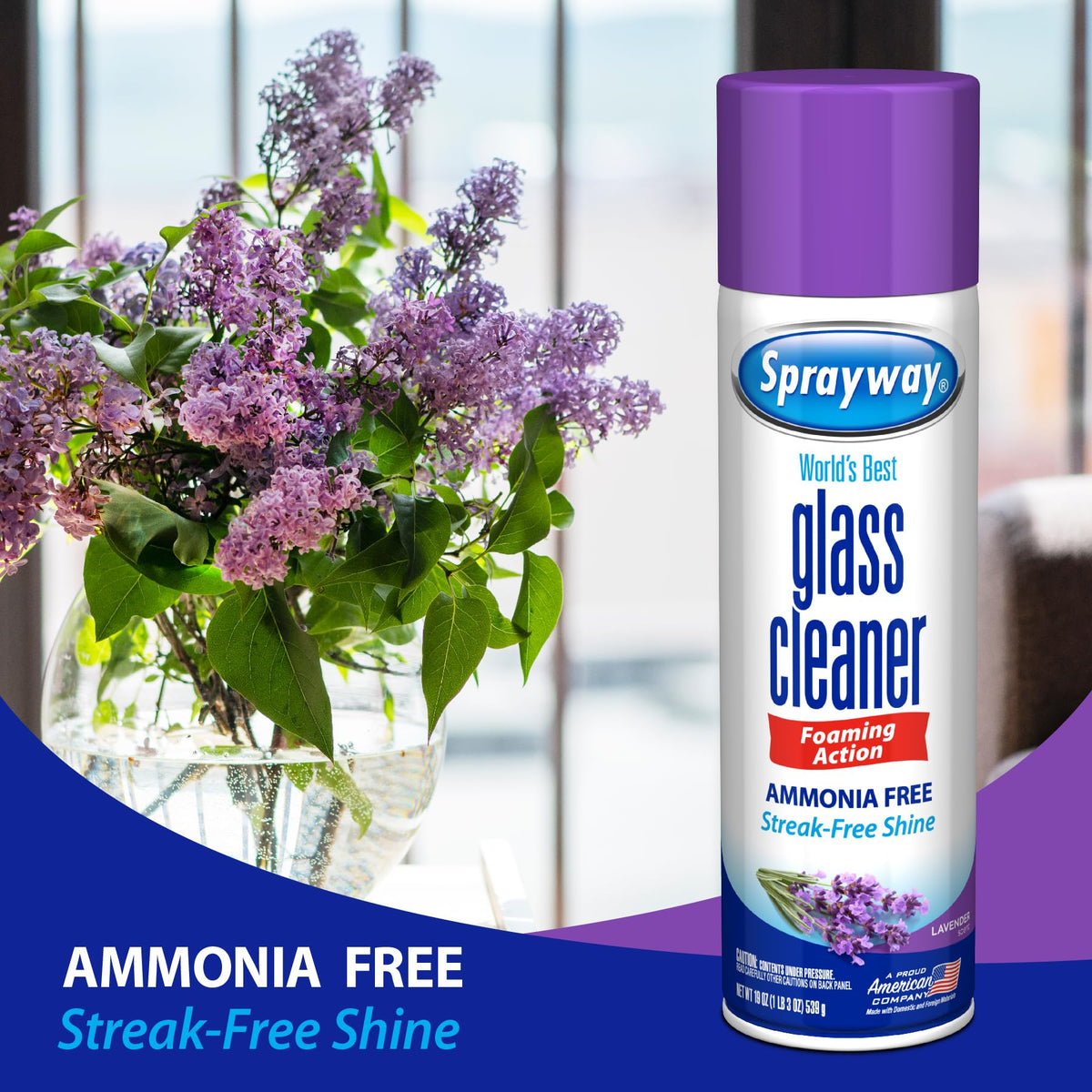 Sprayway Glass Cleaner Lavender Scent Foaming Aerosol Spray, 19oz, Pack of 6 | Ammonia-Free
