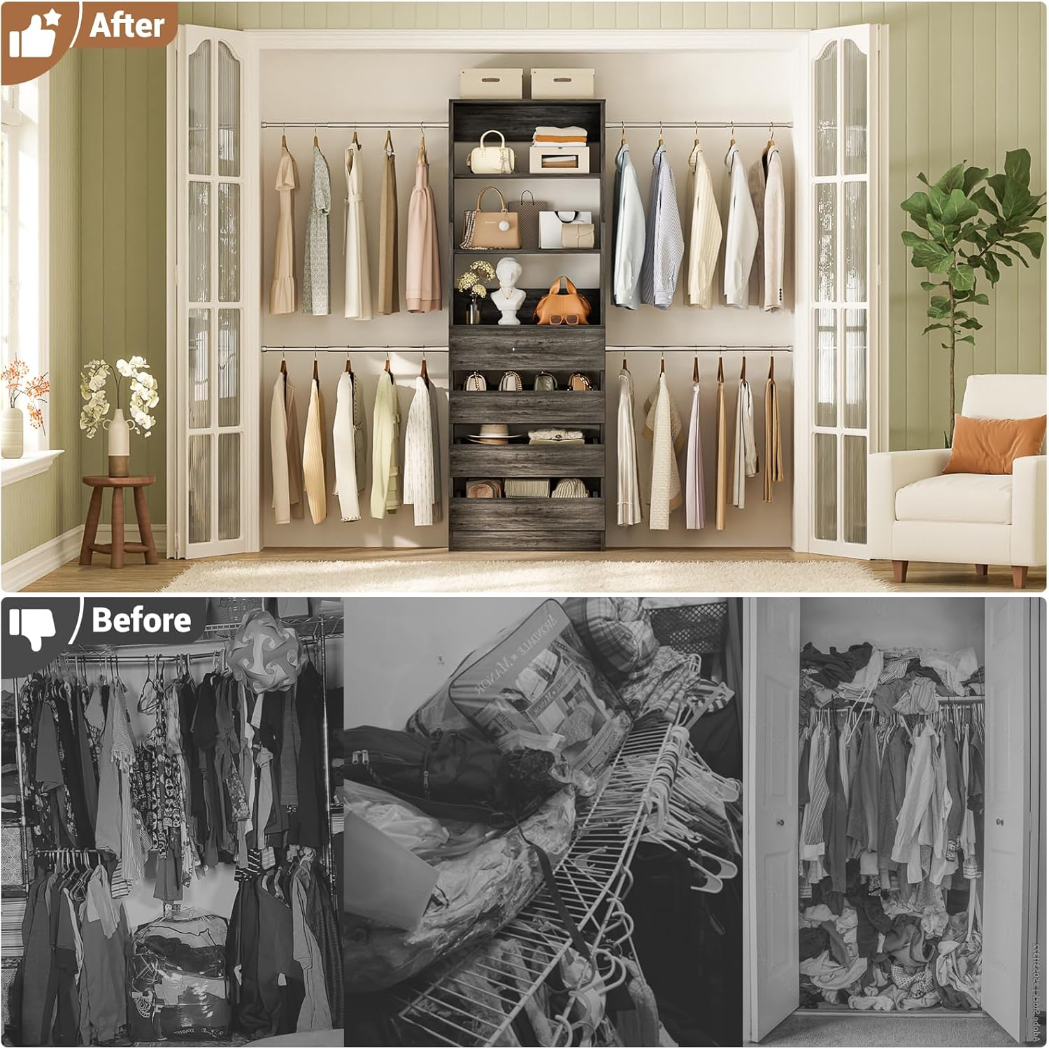 Aheaplus Closet System, 4-9 Ft Closet Organizer with 4 Wooden Drawers, Wood Closet Organizer System