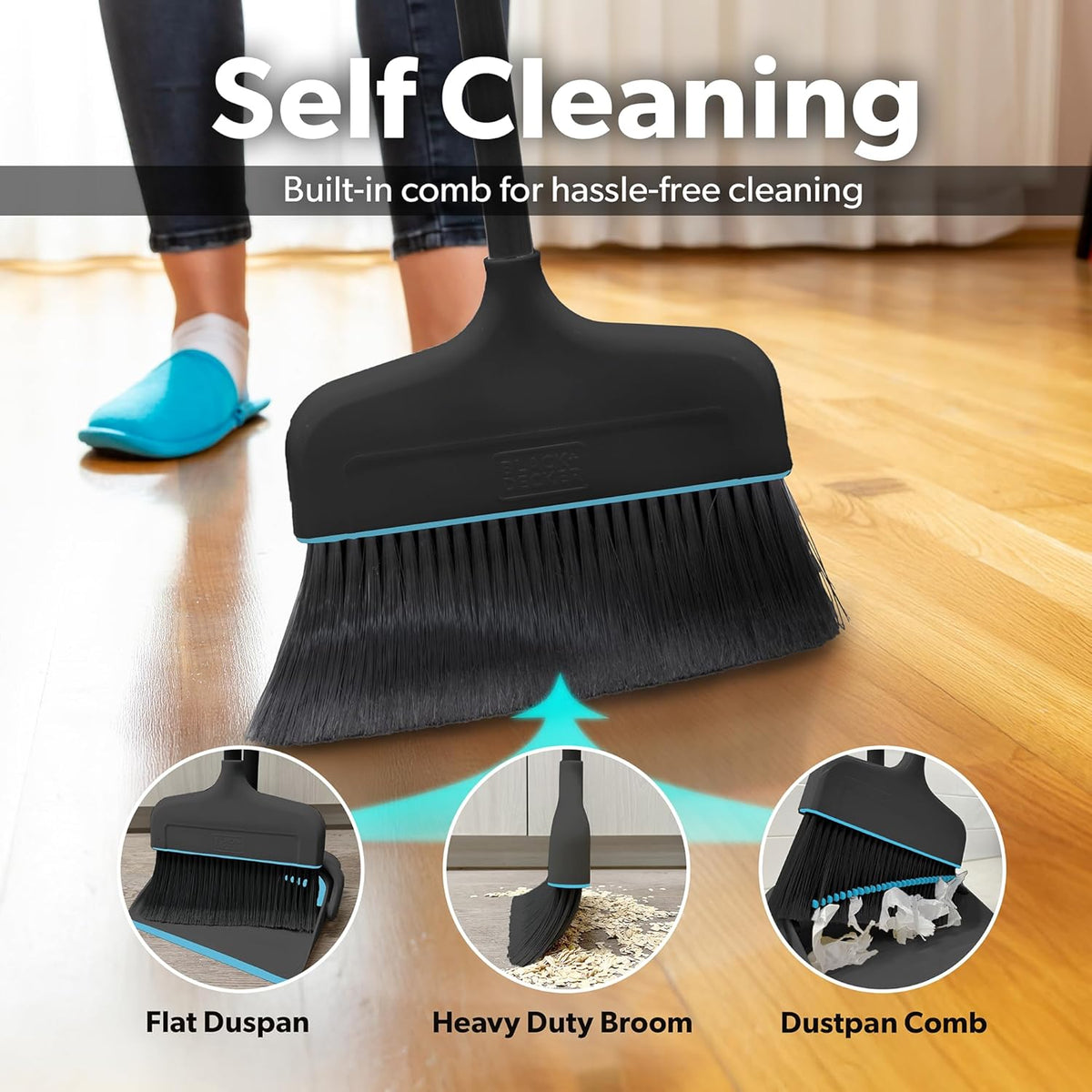 BLACK+DECKER Butler Broom & Dustpan Set - Short Handle, Stand-Up Design - Lightweight, Space-Saving