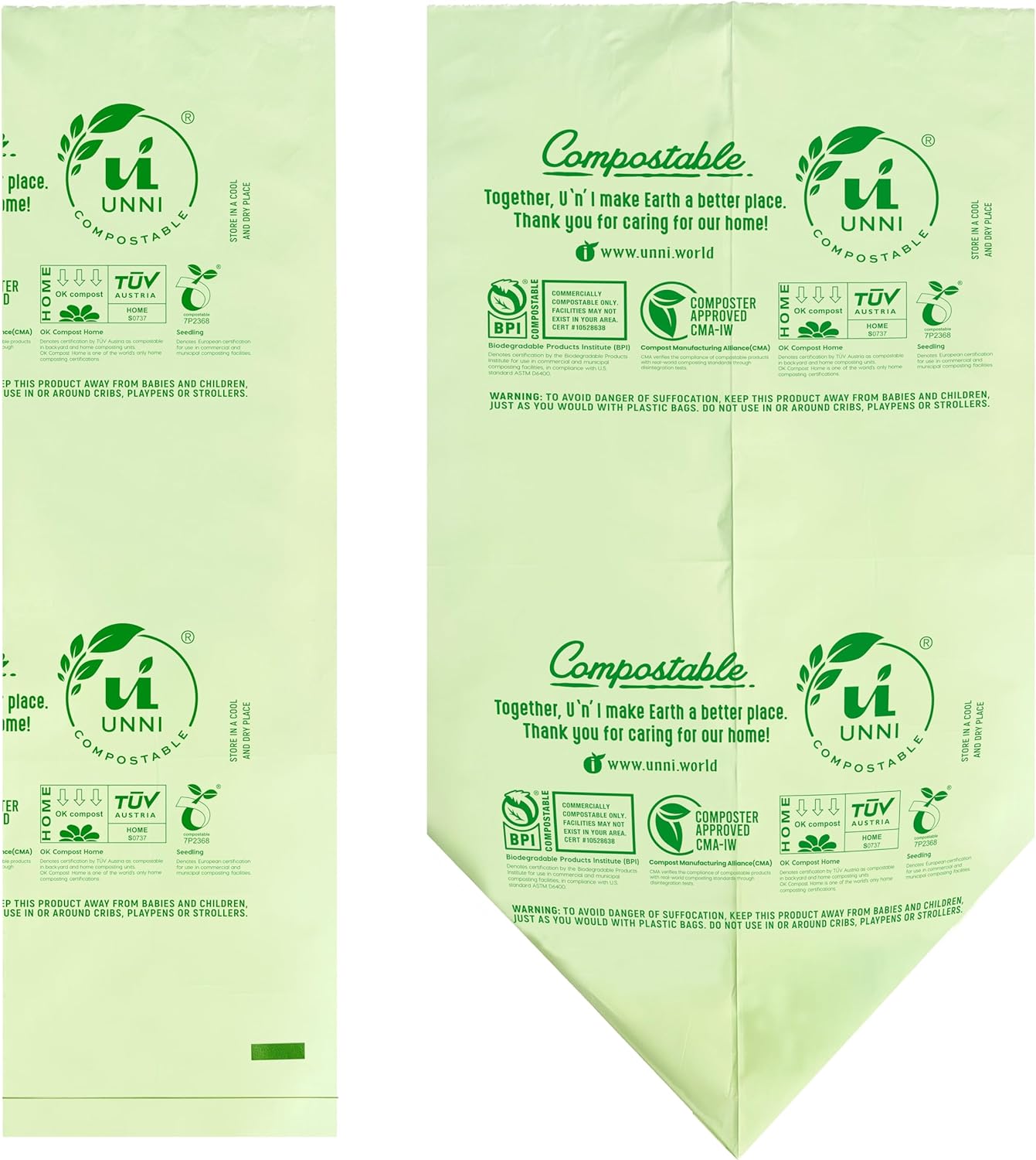 UNNI Compostable Trash Bags, 44-55 Gallon / 208 Liter, 10 Count, Extra Thick 1.38 mil Large Bin
