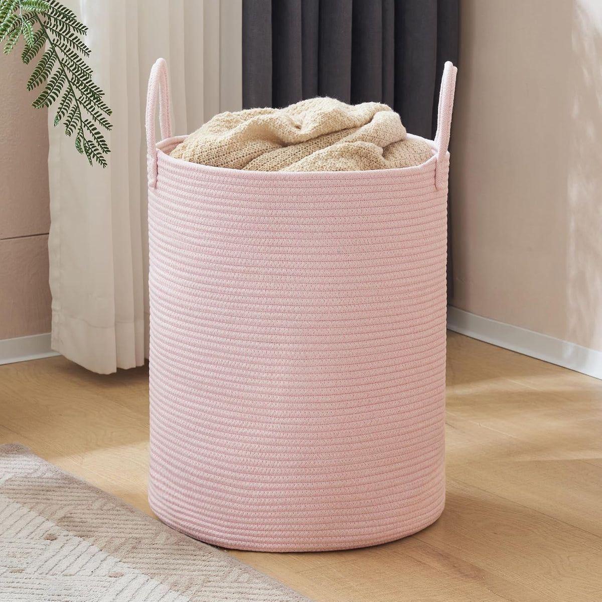 YOUDENOVA Woven Rope Laundry Hamper, 58L Tall Luandry Basket, Baby Nursery Hamper for Blanket