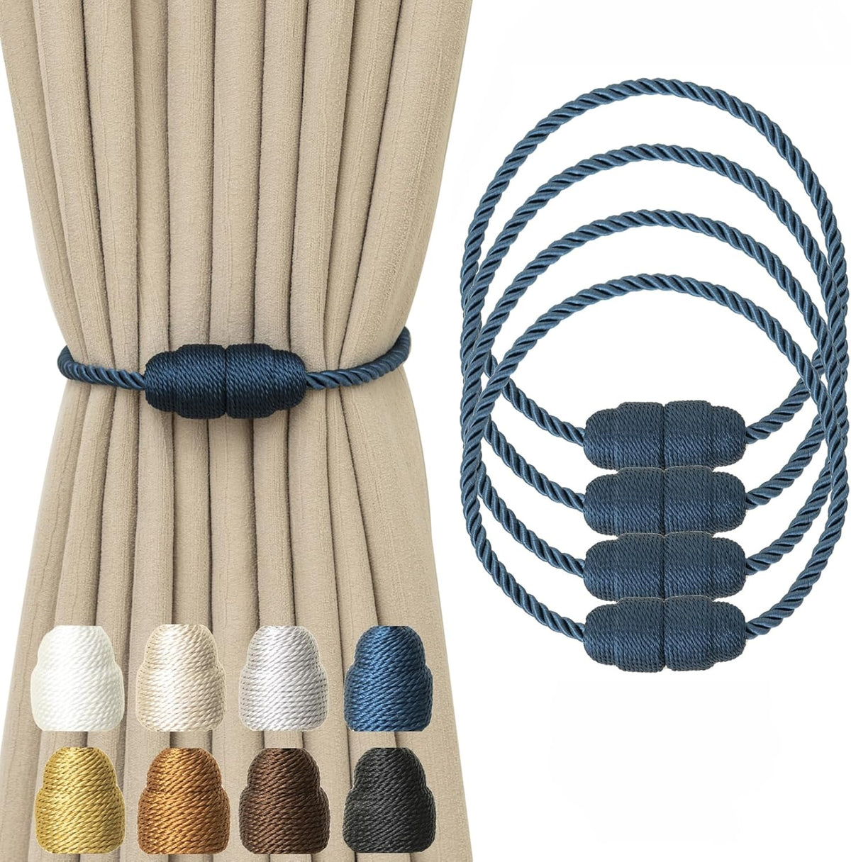 Magnetic Curtain Tiebacks - Rope Tiebacks for Curtains & Drapes, Decorative Window Holdbacks (4