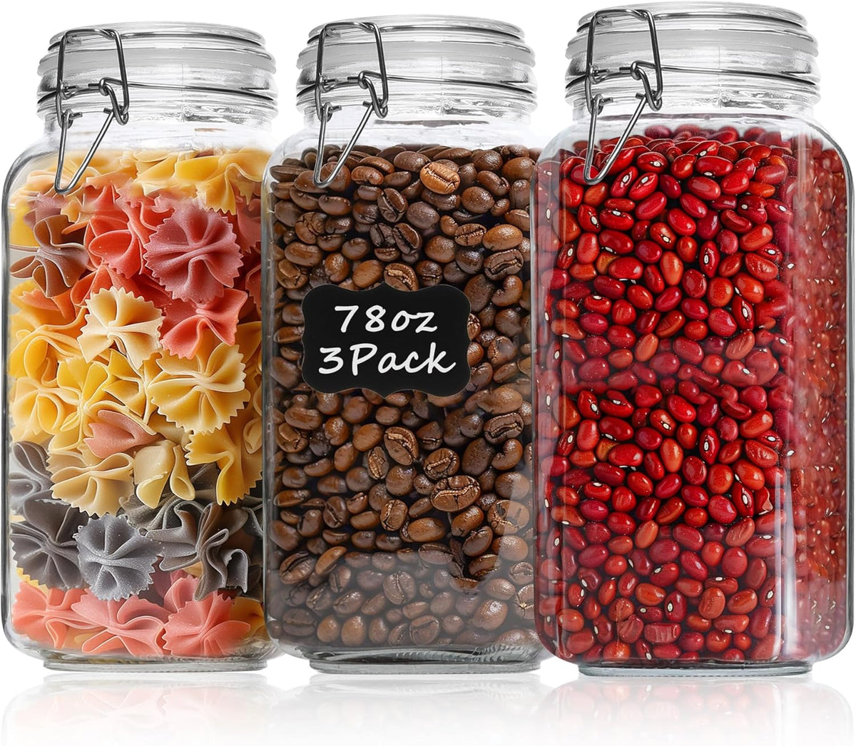 ComSaf Airtight Glass Jars with Lids 78oz Set of 3, Food Storage Canister Square - Storage