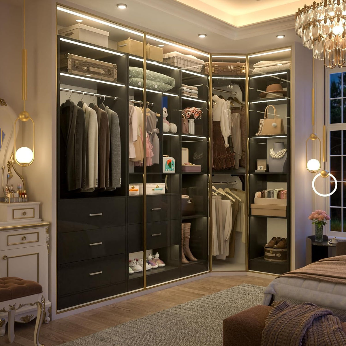 Corner Closet System with 5 Drawers, Closet Organizer System with 15+Shelvess & 4 Hanging Rods