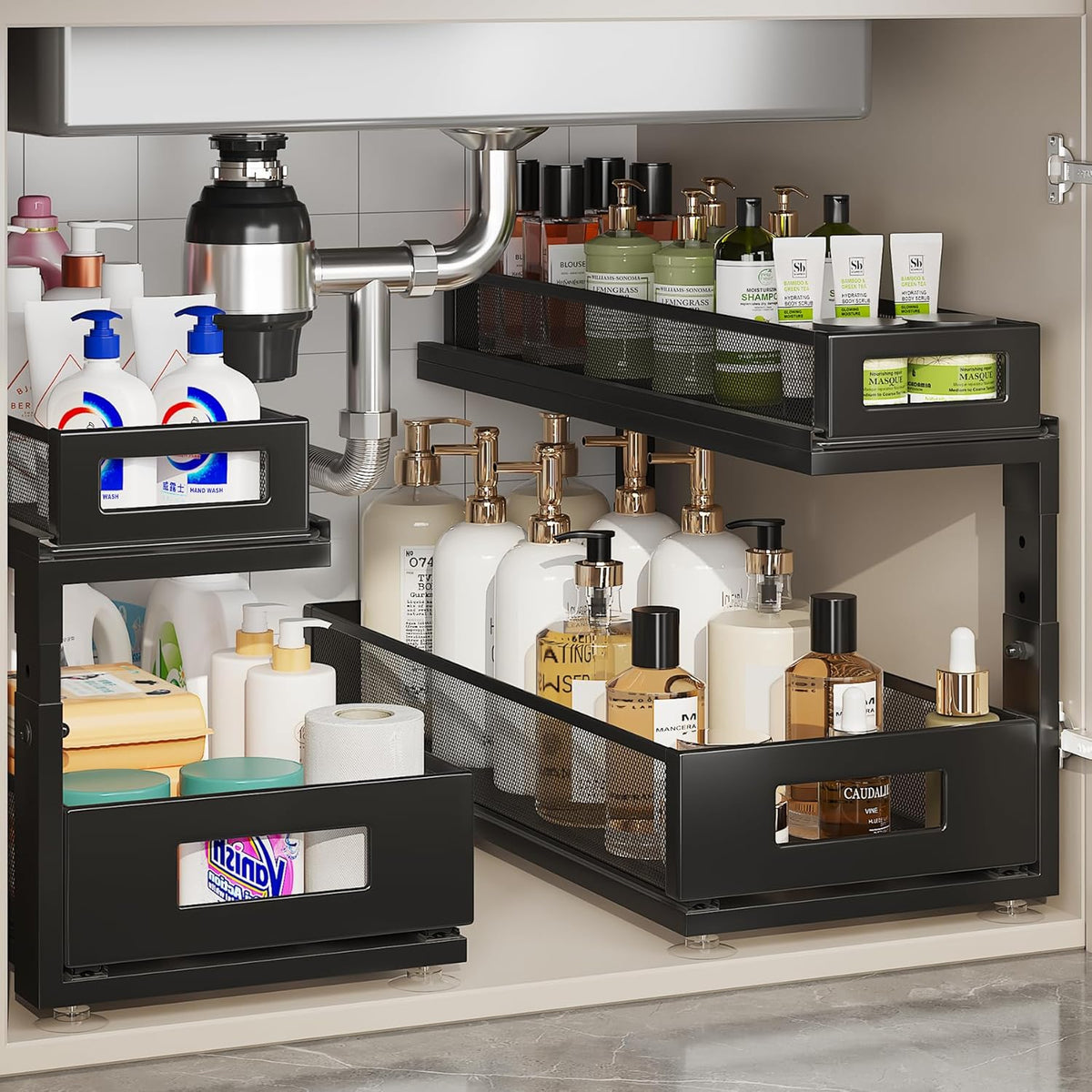 2 Pack 18.5IN-Depth Under Sink Organizer With Next-Gen Ball-Bearing Slides,2-Tier Pull Out Cabinet