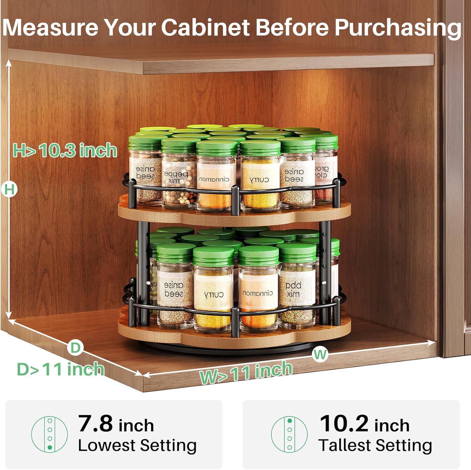 Lazy Susan Spice Rack Organization for Cabinet - 2 Tier Adjustable Height Lazy Turntable Spice