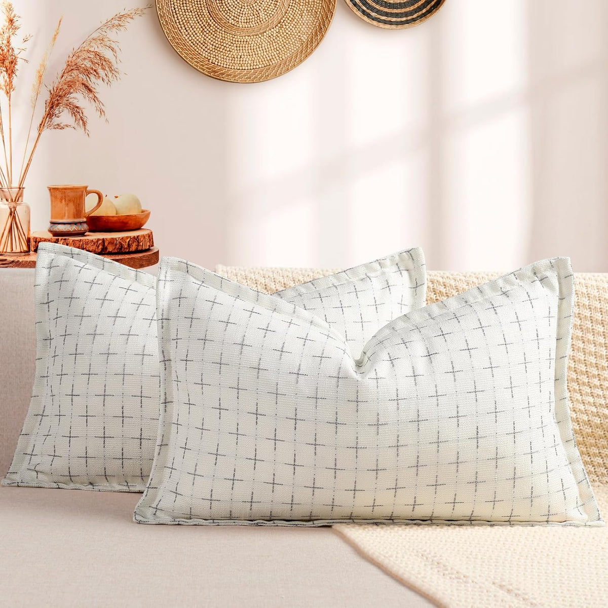 ZWJD 12x20 Pillow Covers Set of 2 Soft Polyester Textured Pillow Covers with Stylish Flange Edge