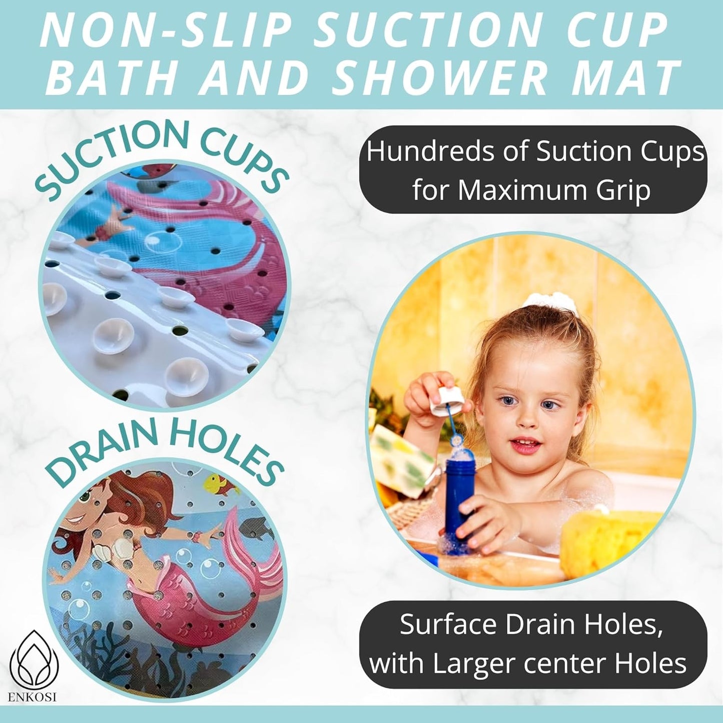 Mermaid Bath Mat - Bath Grips for Tub Kids - Anti Slip Bath Mat for Kids - Bath Mat for Baby - Bath