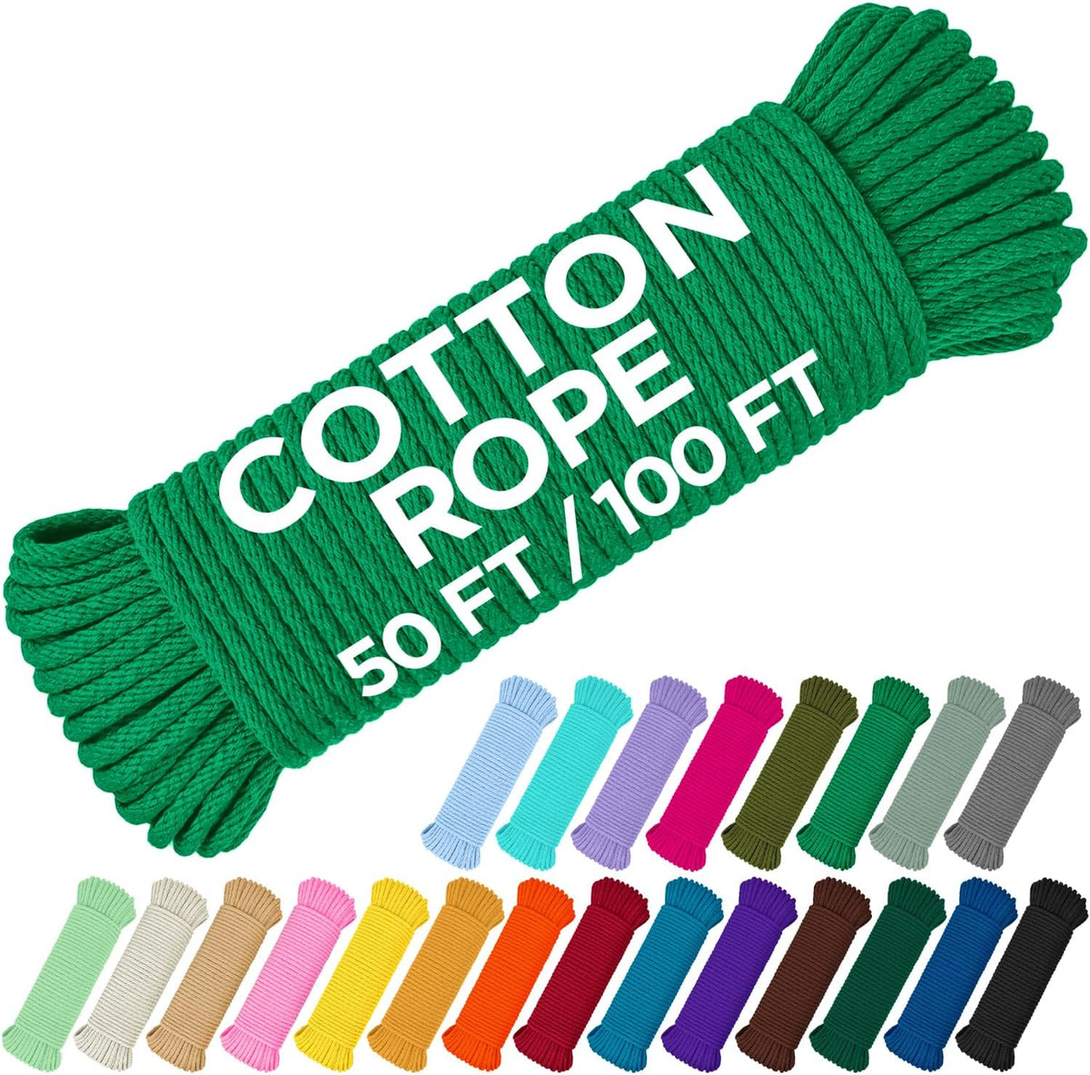 TECEUM Cotton Rope 3/16” (5 mm) – 100 FT – Strong All-Purpose Braided Rope – Natural Cotton – for