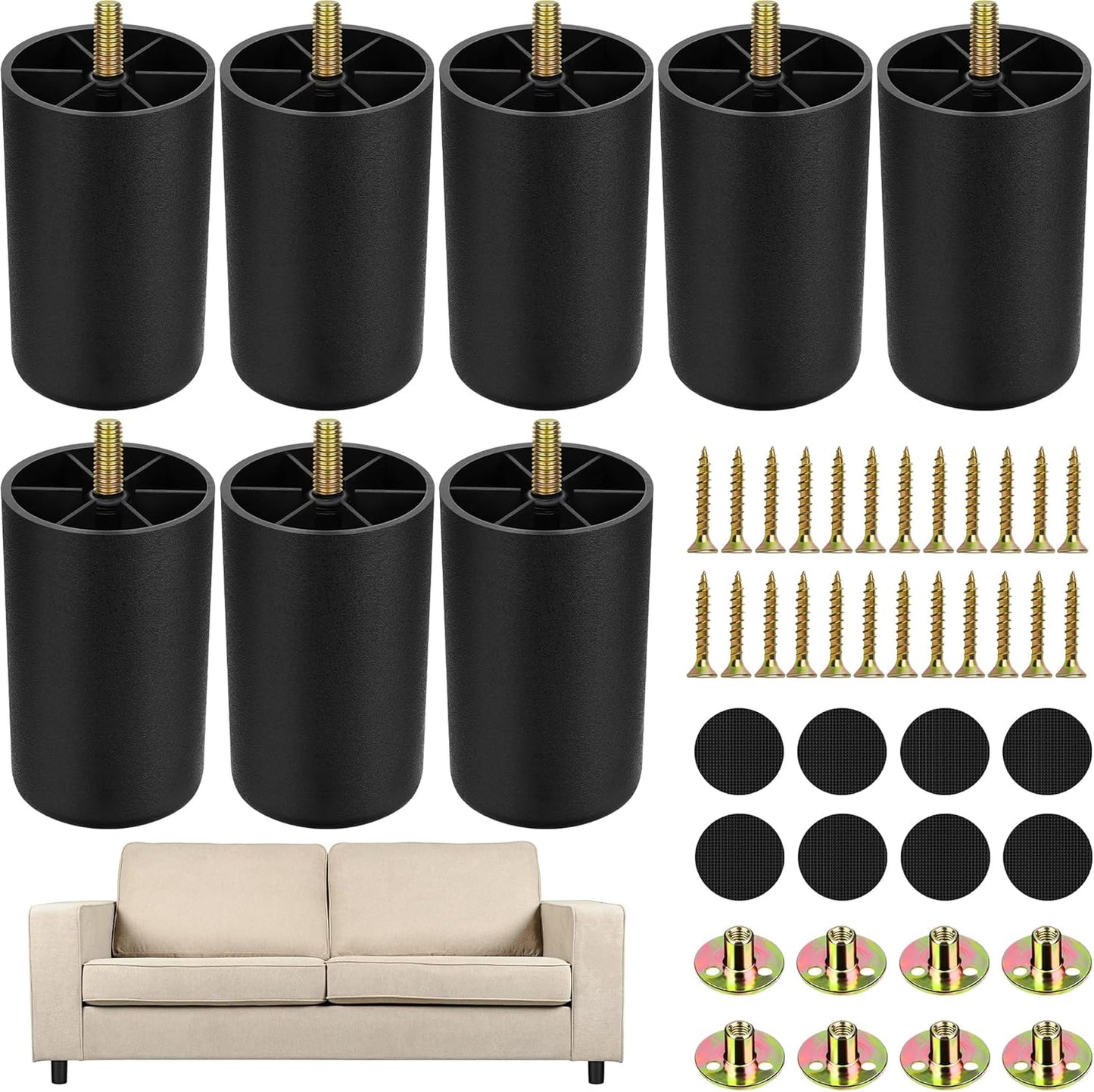 TURSTIN 8 Pack 3 Inch Plastic Furniture Legs with M8 T-Nuts Screws Tapered Sofa Couch and Chair