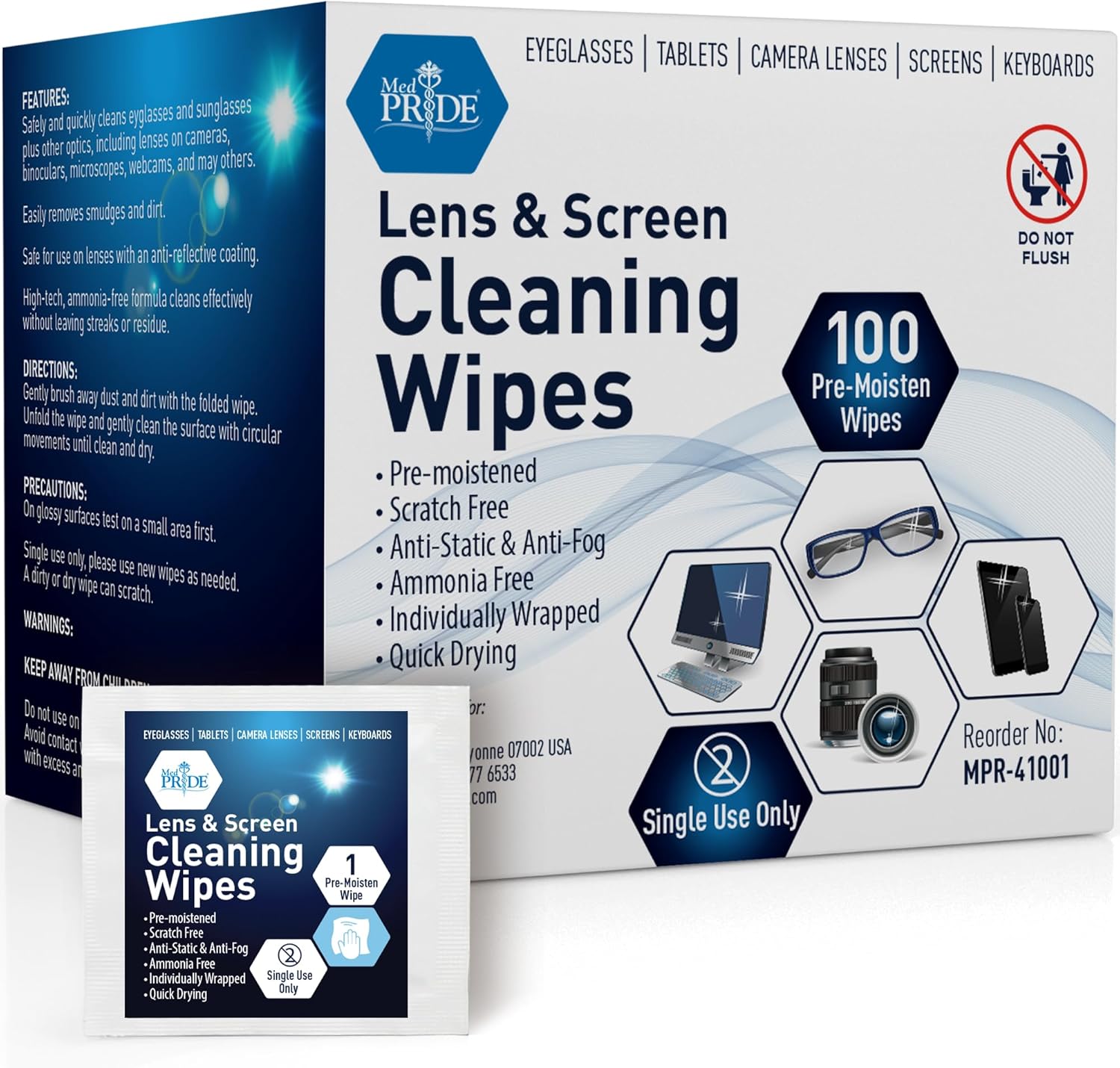 MED PRIDE Lens and Screen Cleaning Wipes for Eyeglasses, Touch Screens, Cameras, Anti-Fog