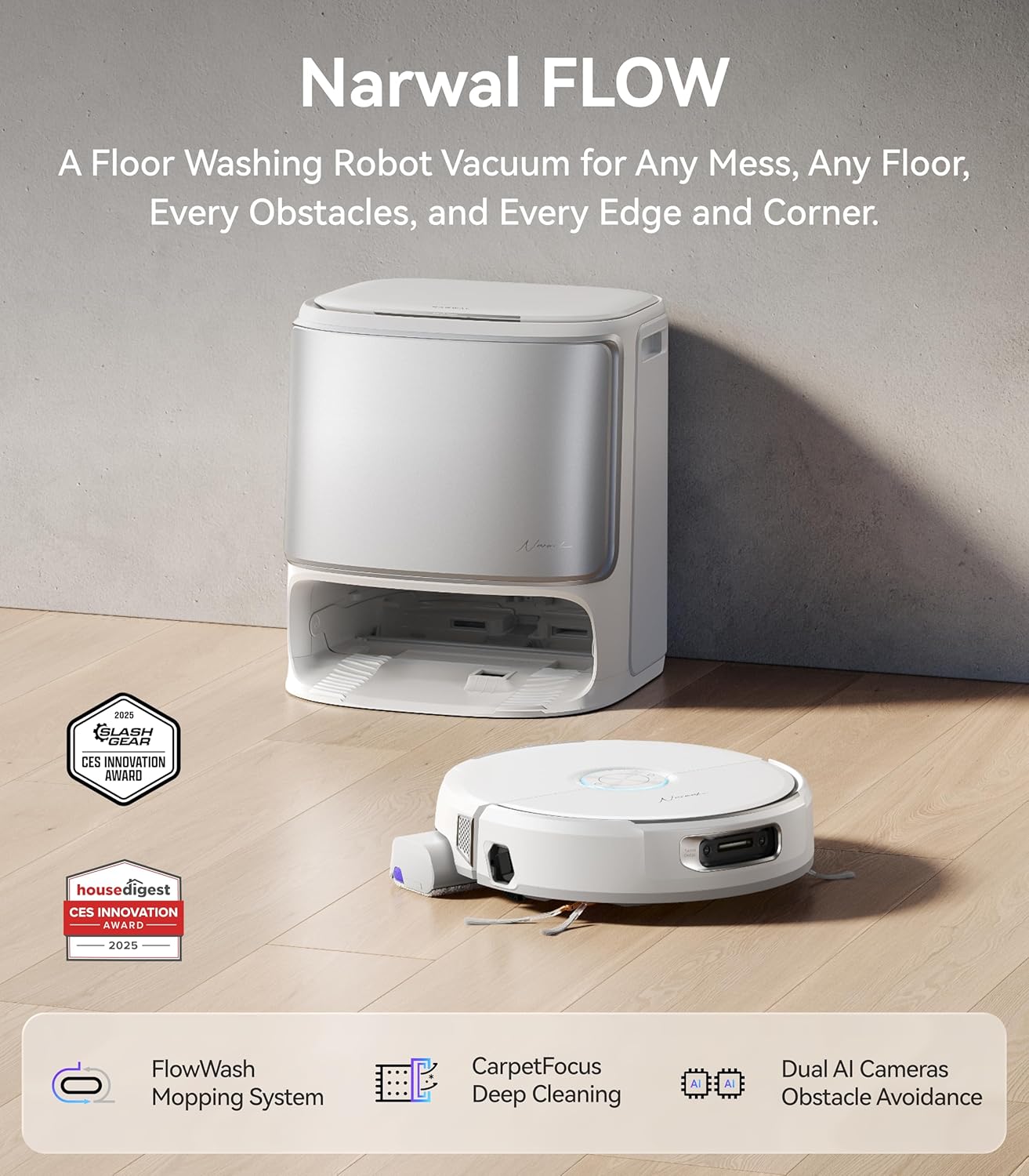 NARWAL Flow Robot Vacuum and Mop Combo, FlowWash Real-Time Self-Cleaning Track Mop, 22,000 Pa