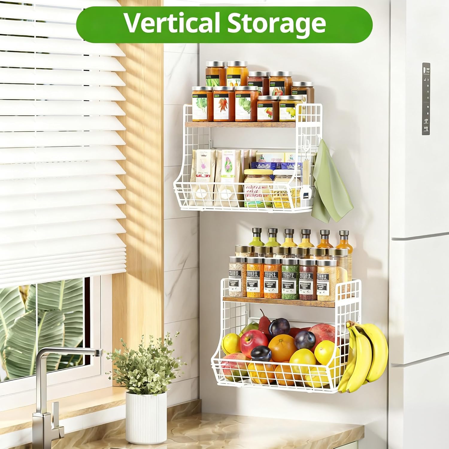 Magnetic Shelf for Fridge with Wood Lid, Fruit Potato and Onion Storage Bins, Pantry Organizers and