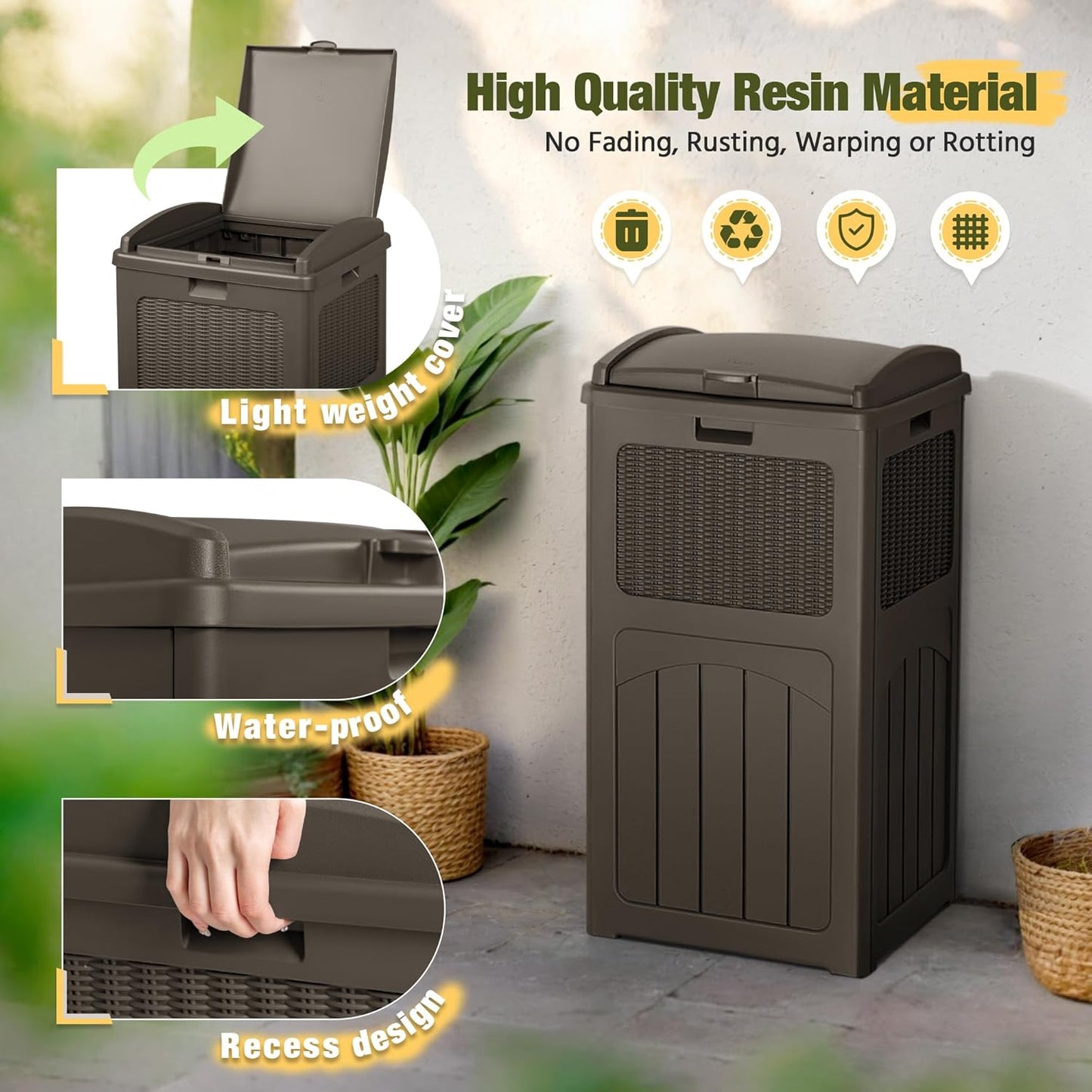 Devoko 33 Gallon Outdoor Trash Can with Dual Lid, Heavy Duty Waterproof Resin Garbage Bins Outside