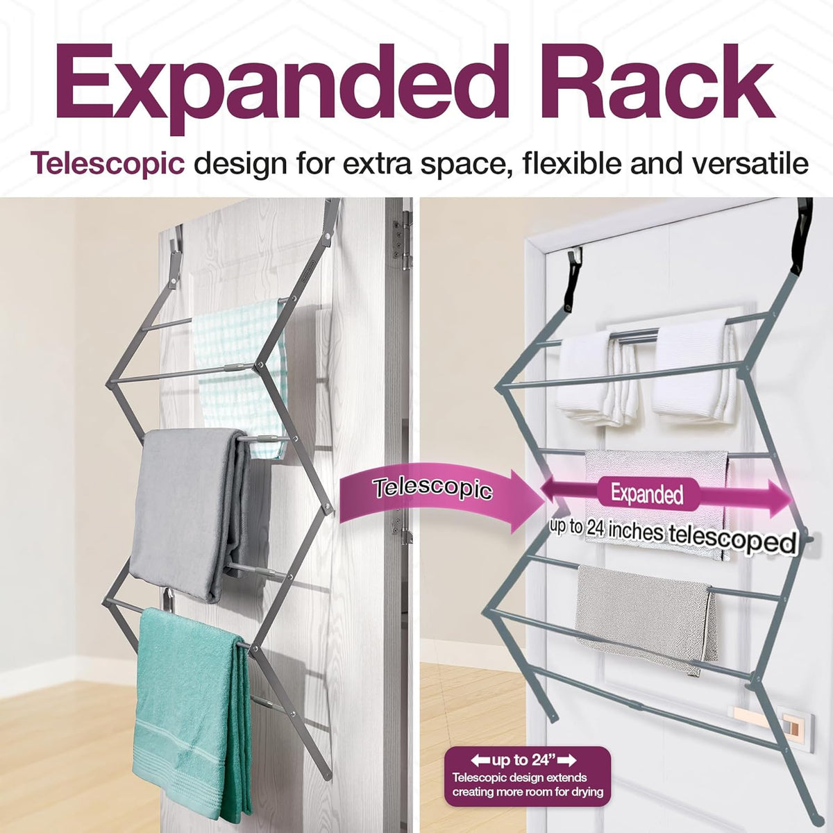 BLACK+DECKER Over The Door Expandable Telescopic Drying Rack, Clothes Organizer, Towel Hanger