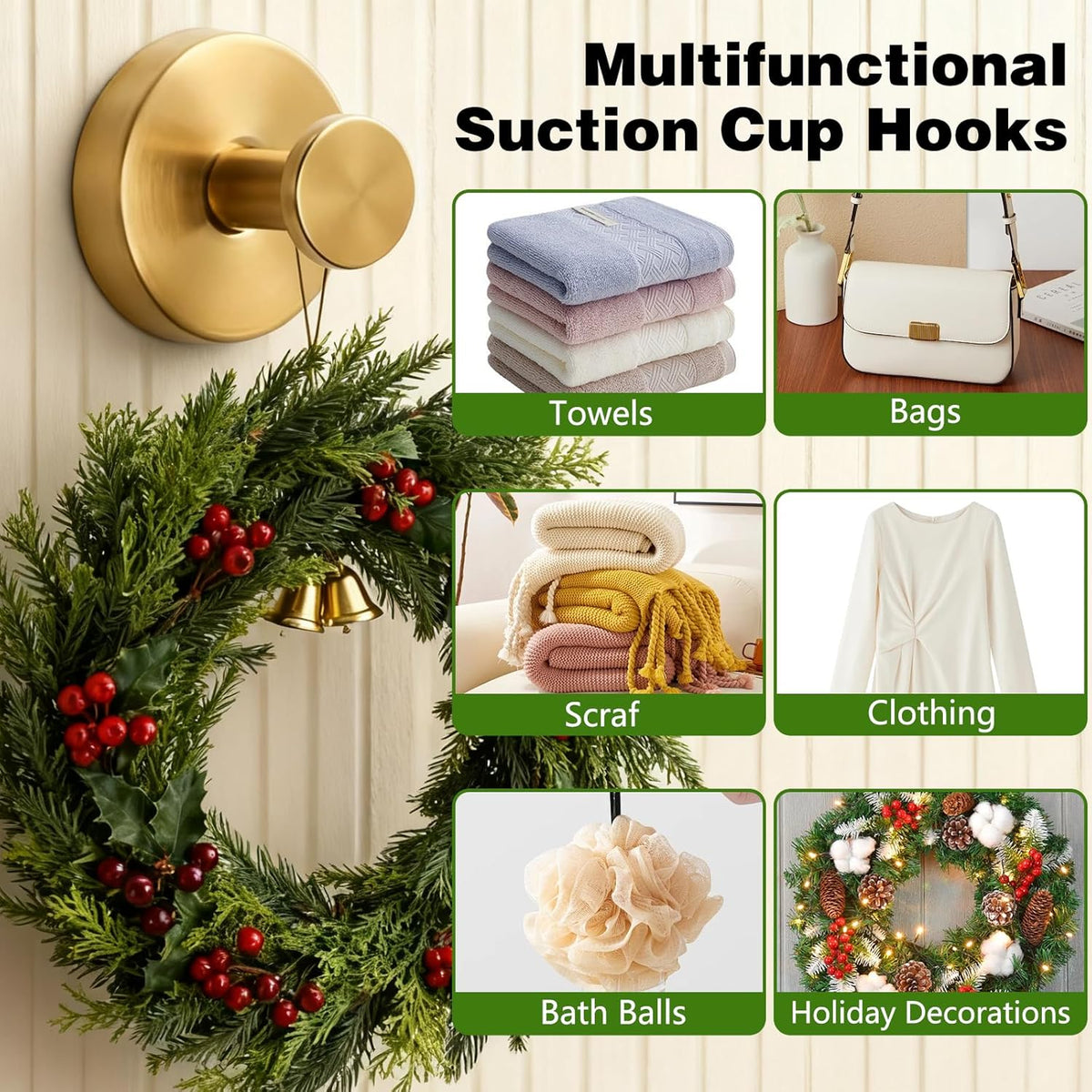Suction Cup Hooks for Wreaths on Glass, No-Drill Suction Cup Hooks, Wreath Hangers for Front Doors