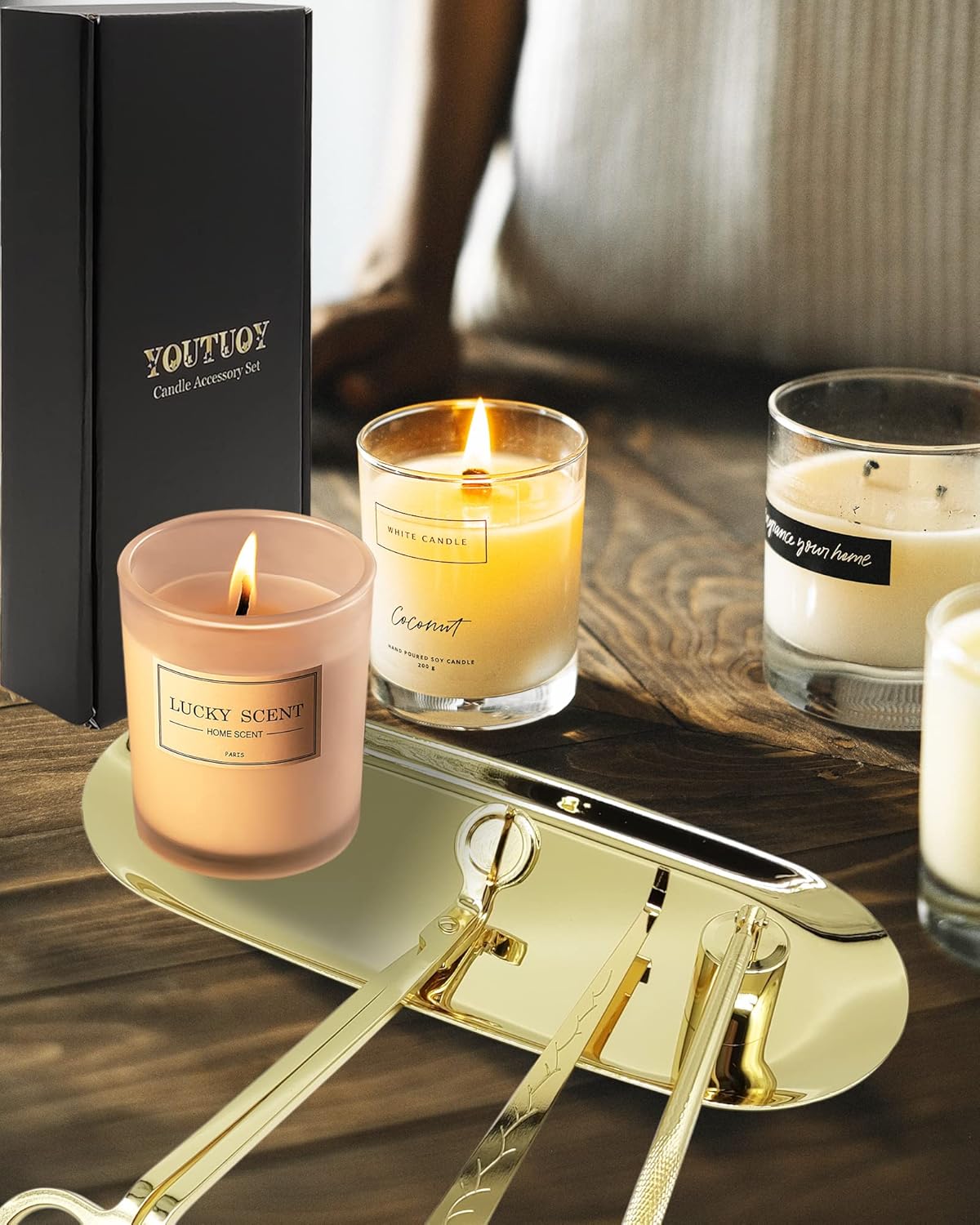 4 in1 Candle Accessory Set with Storage Tray Plate, Candle Wick Trimmer, Candle Wick Snuffer