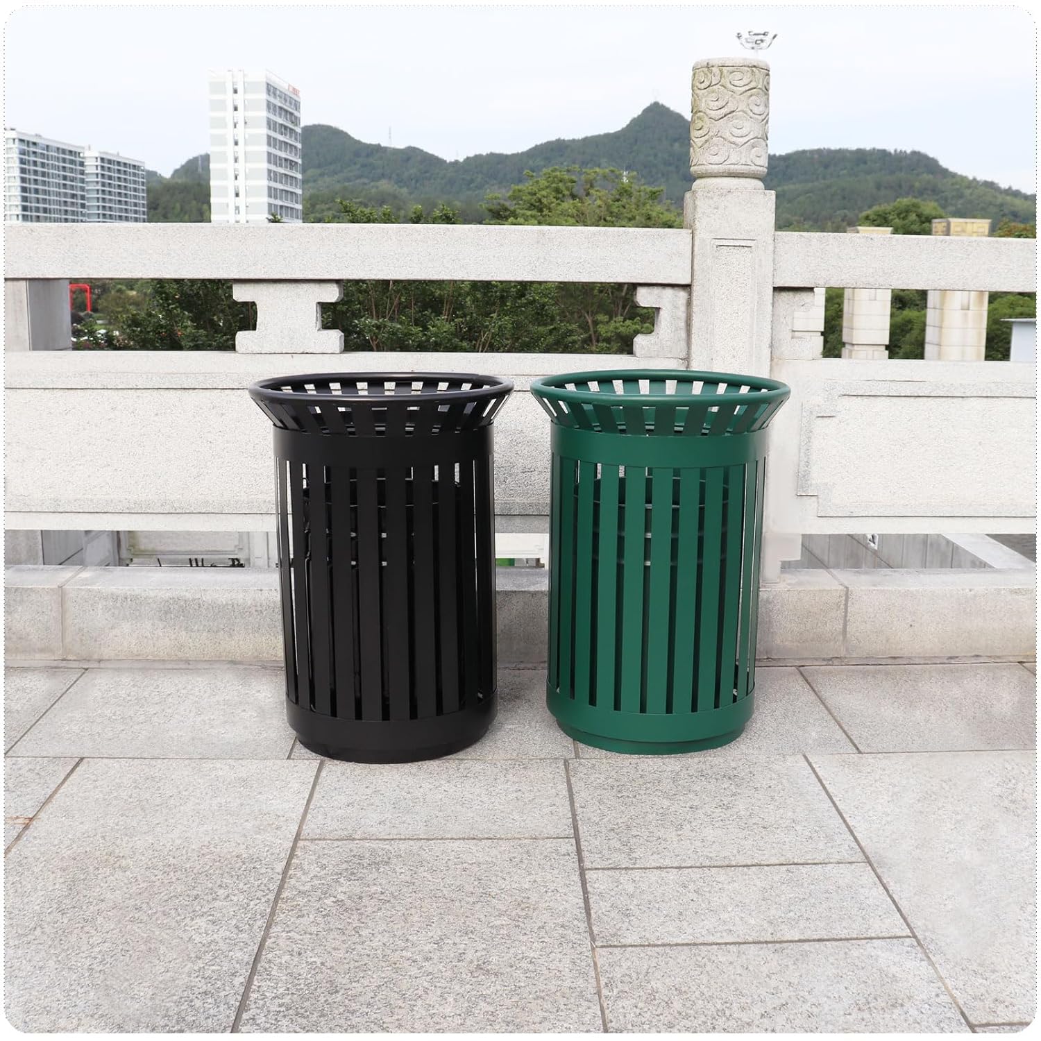 Outdoor Metal Slatted Trash Receptacle,Waste Receptacle，Commercial Trash Cans,Zone Round Garbage