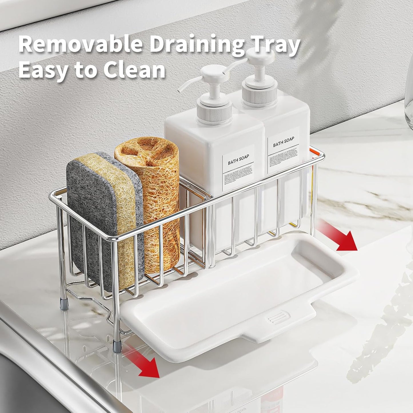 Kitchen Sink Sponge Holder, 304 Stainless Steel Soap Dispenser Caddy Organize, Kitchen Sink Brush