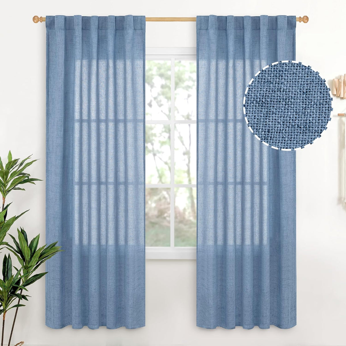 YoungsTex Denim Blue Curtains 72 Inches Long for Living Room Window, Linen Semi Sheer Drapes Light