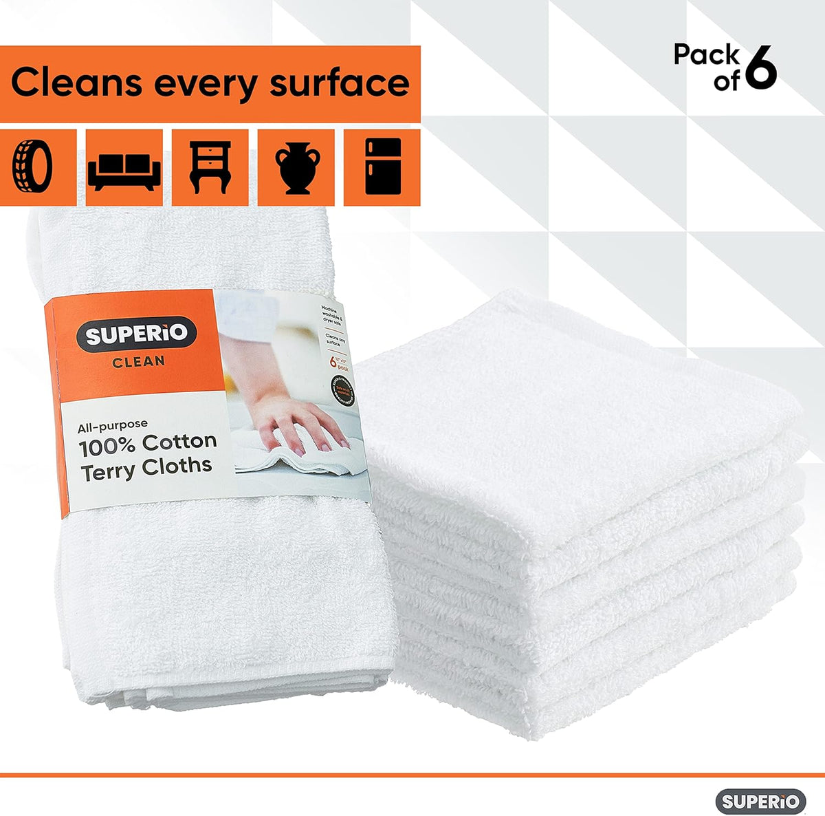 Superio Terry Cloth Rags White Washcloths 100% Cotton 12" Cleaning Cloths, Kitchen Towels, Facial