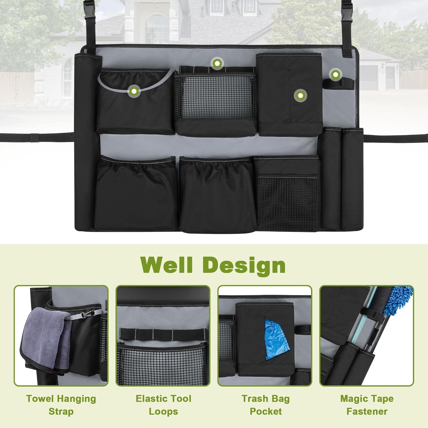 32-55 Gallon Trash Can Caddy Bag, Garbage Bin Apron Caddy with Multiple Pockets for Cleaning